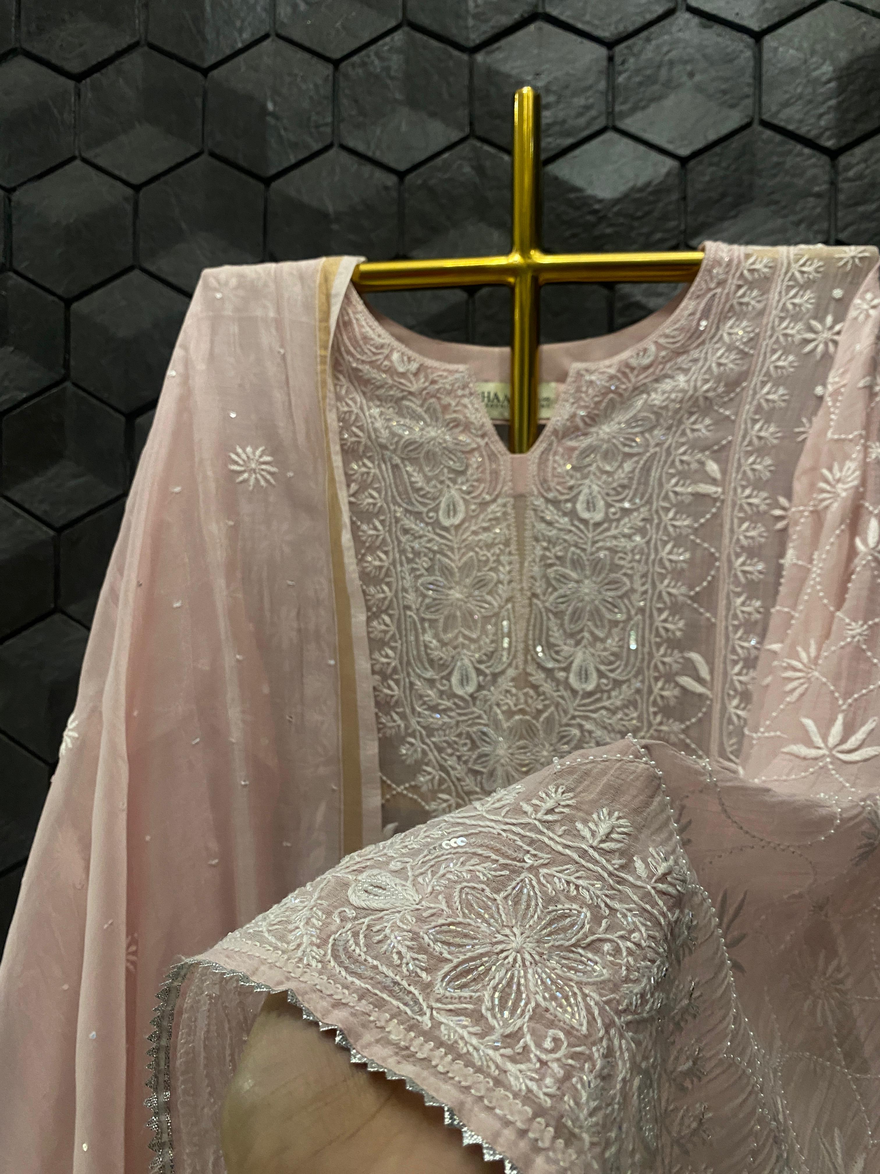 Pink Mul Chanderi Chikankari Anarkali Set