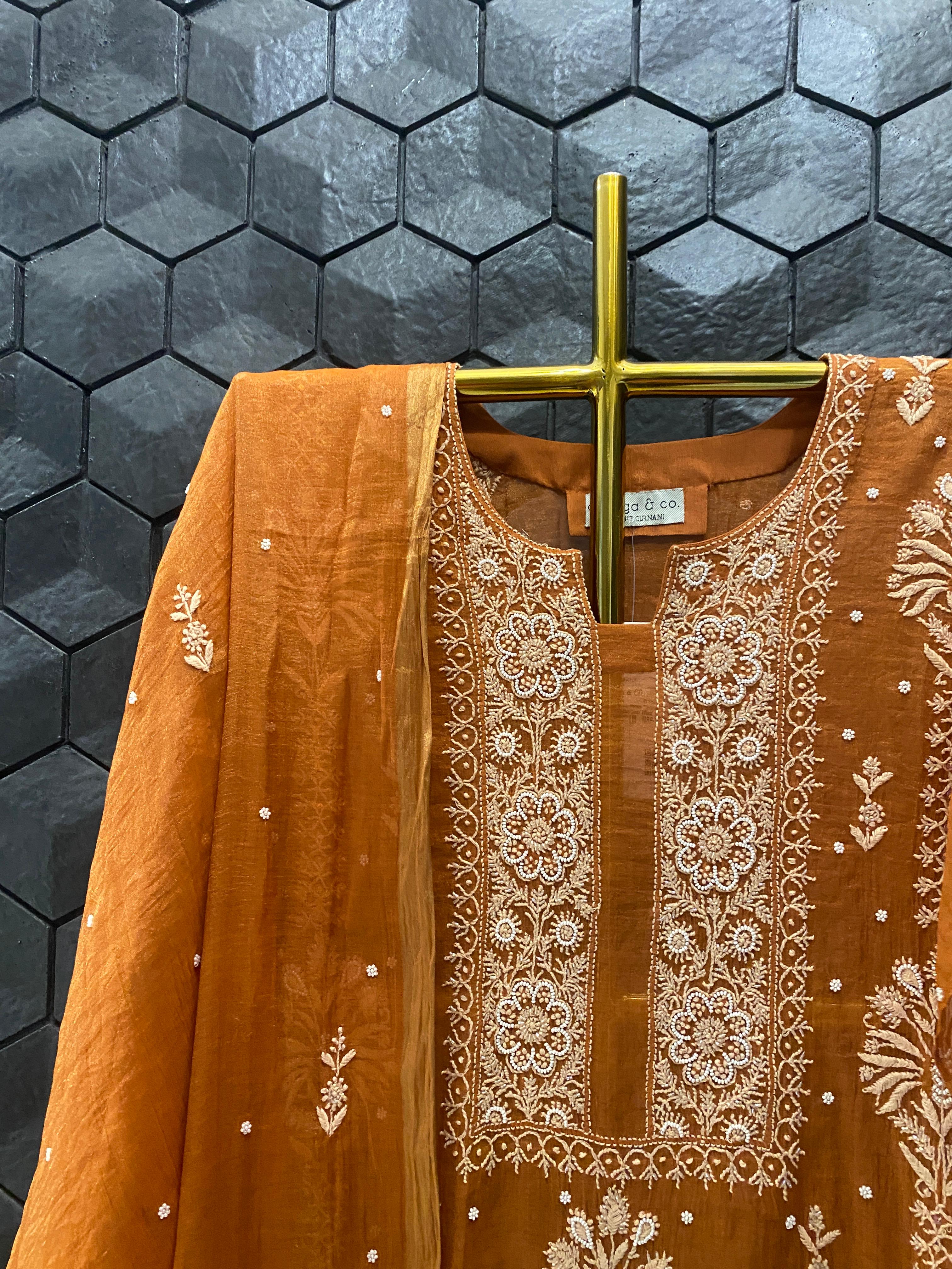 Orange Golden Tissue Chikankari Kurta Set