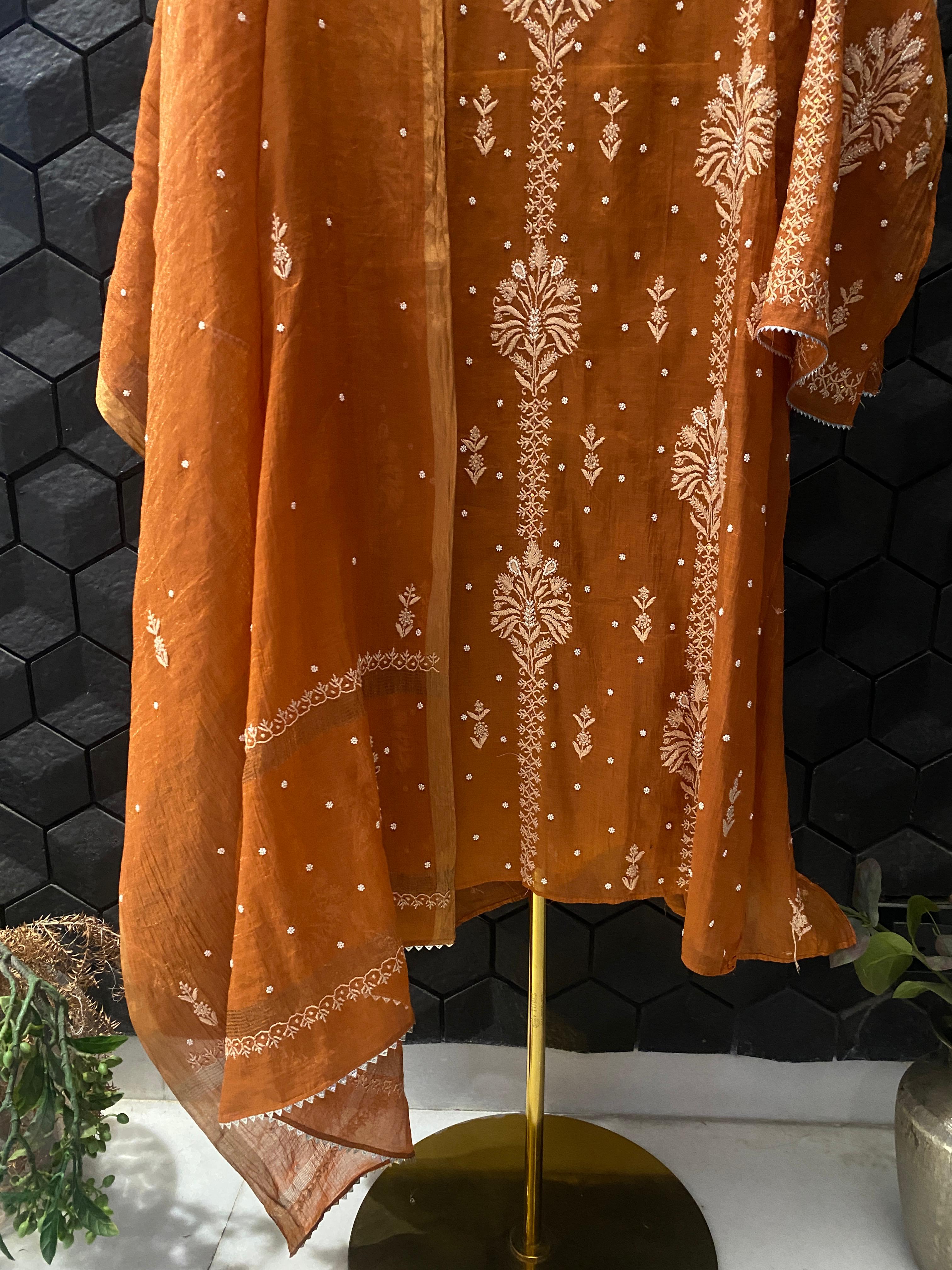 Orange Golden Tissue Chikankari Kurta Set