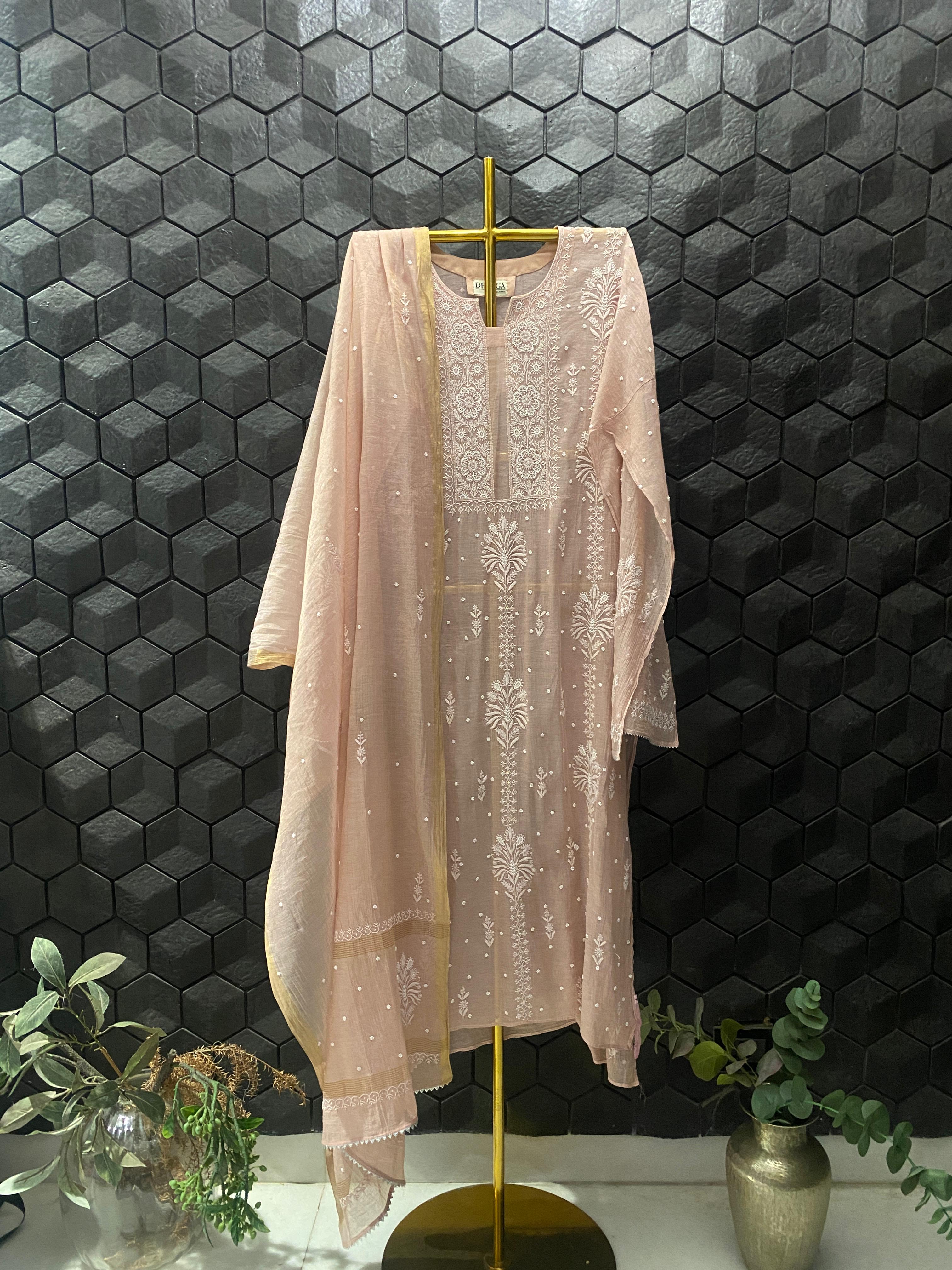 Peach Golden Tissue Chikankari Kurta Set