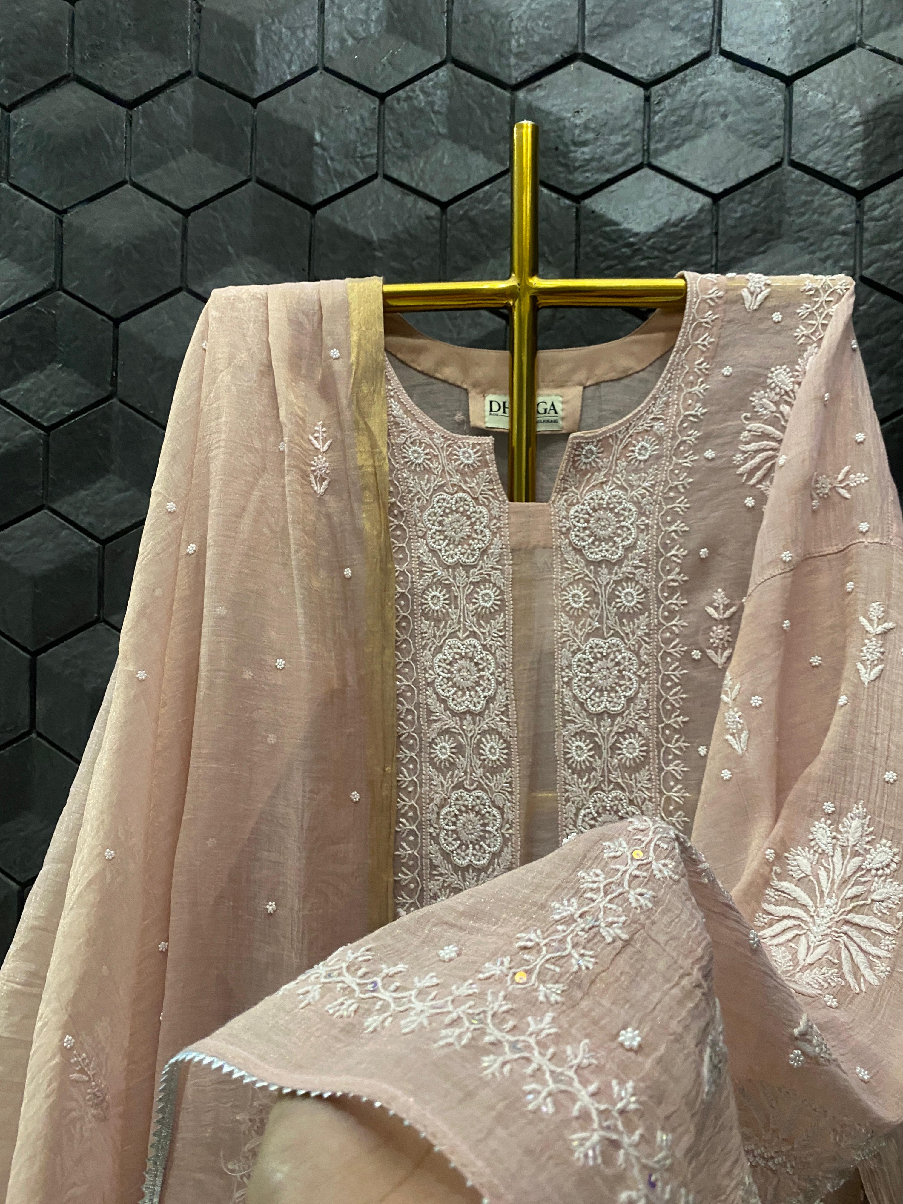 Peach Golden Tissue Chikankari Kurta Set