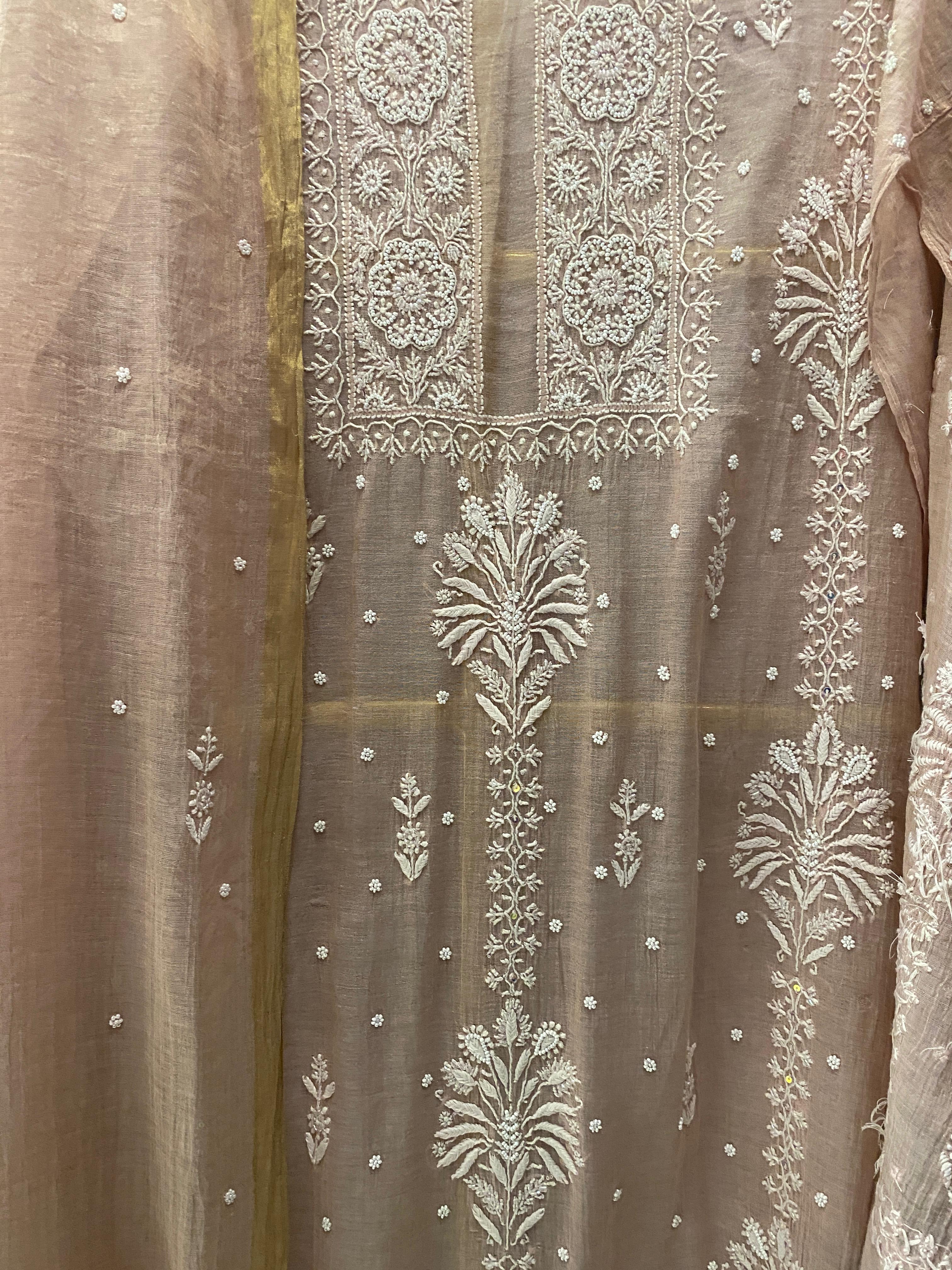 Peach Golden Tissue Chikankari Kurta Set