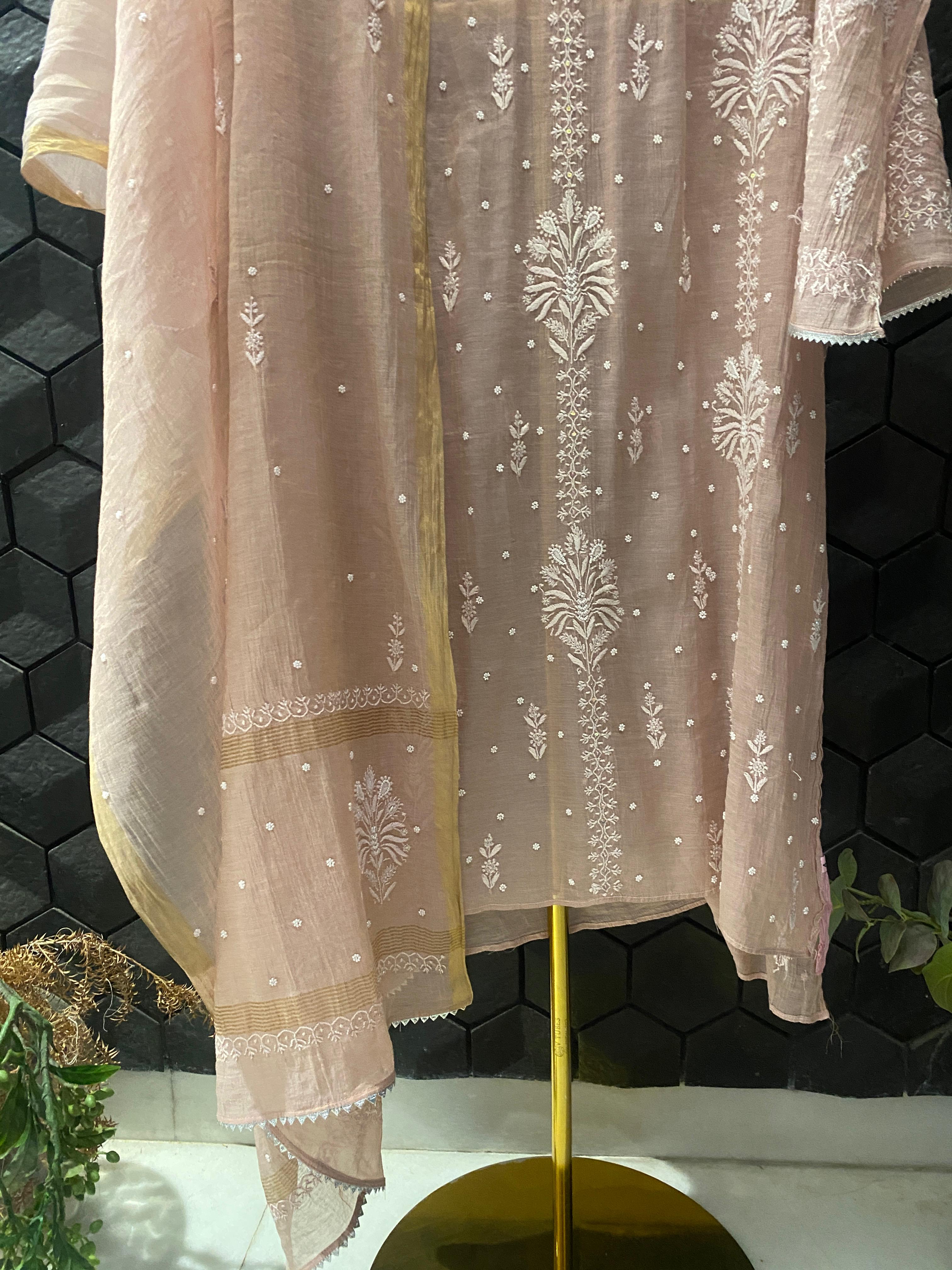 Peach Golden Tissue Chikankari Kurta Set