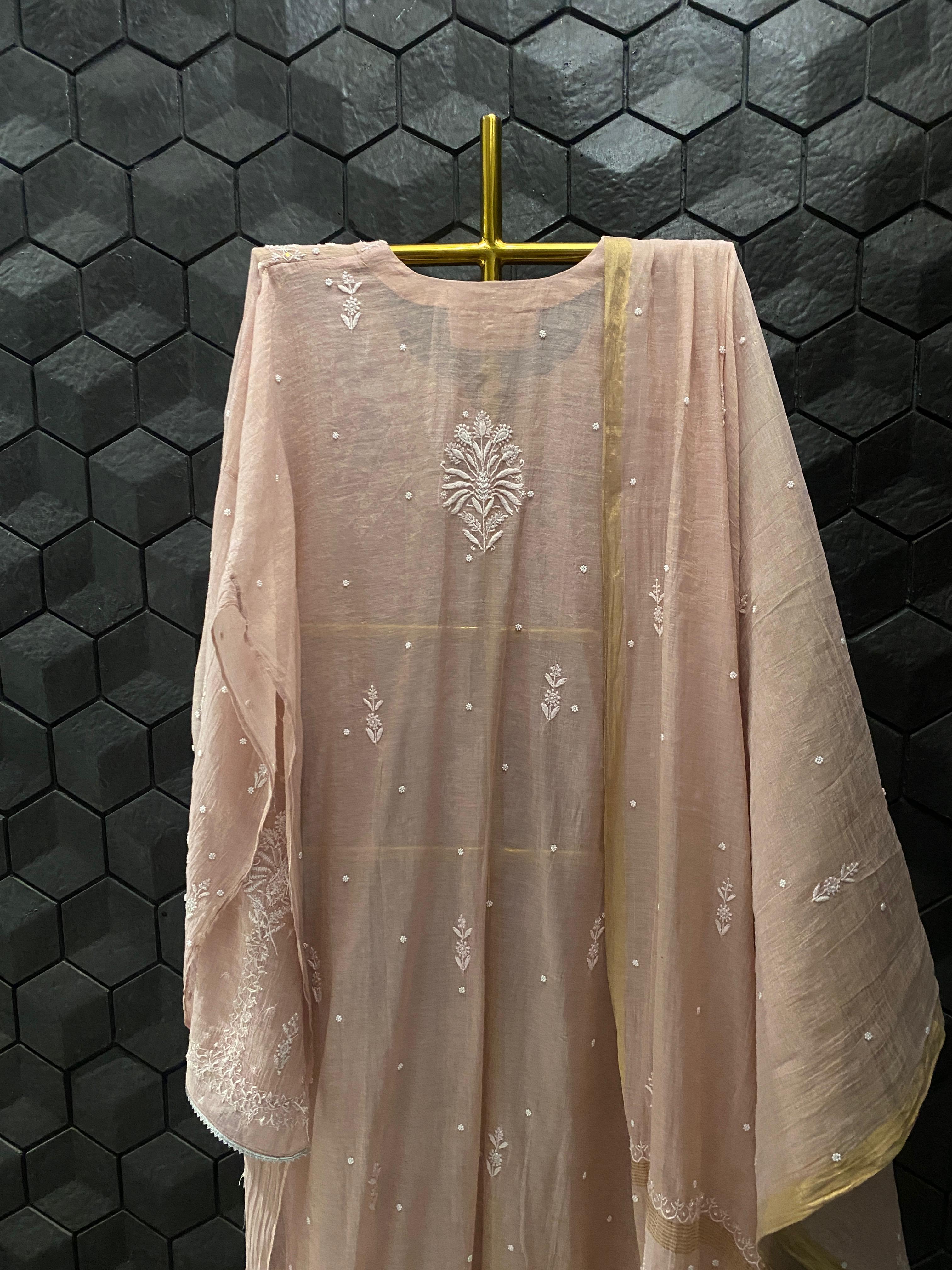 Peach Golden Tissue Chikankari Kurta Set