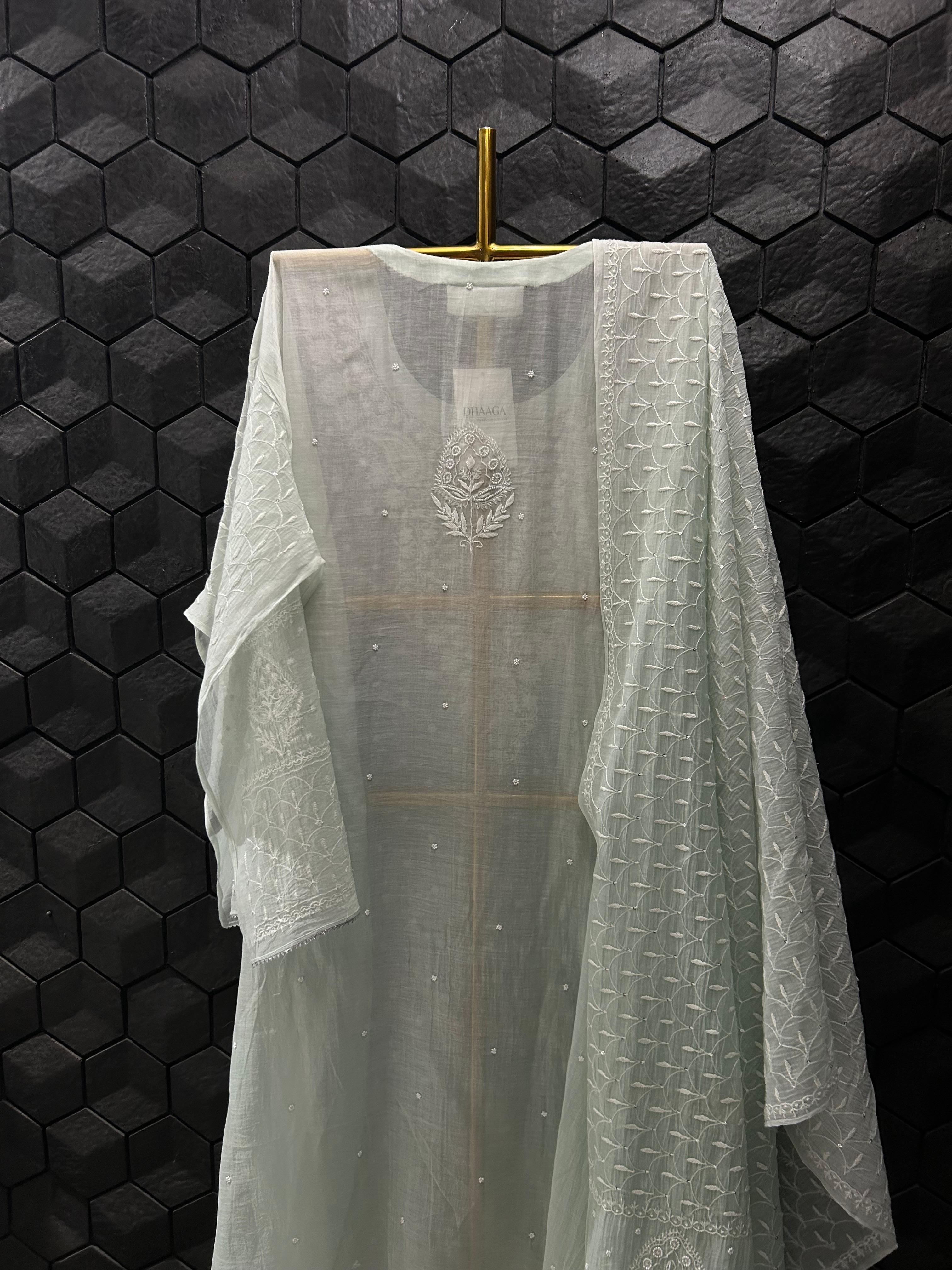 Green Mul Chanderi Chikankari Kurta Set