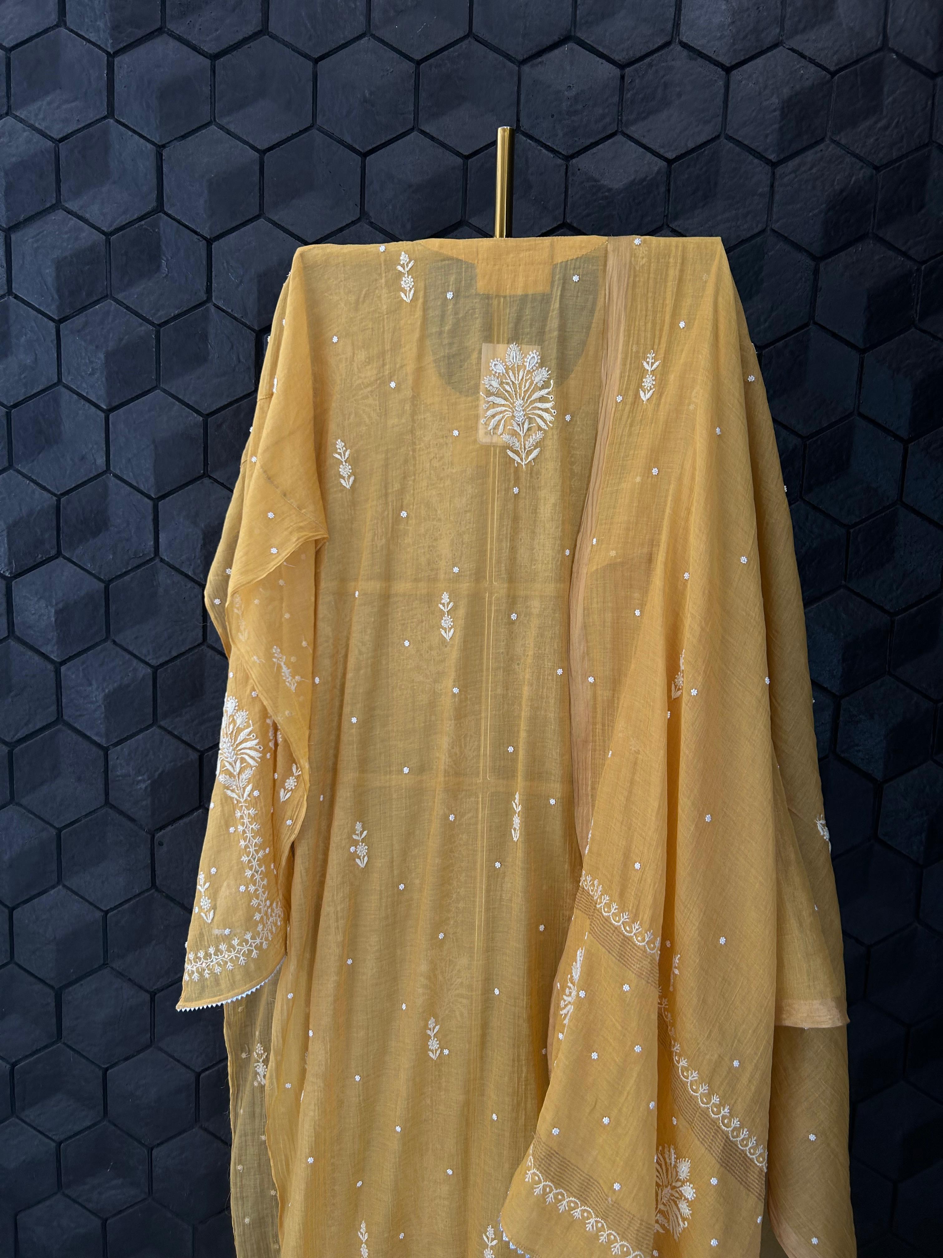 Mustard Golden Tissue Chikankari Kurta Set