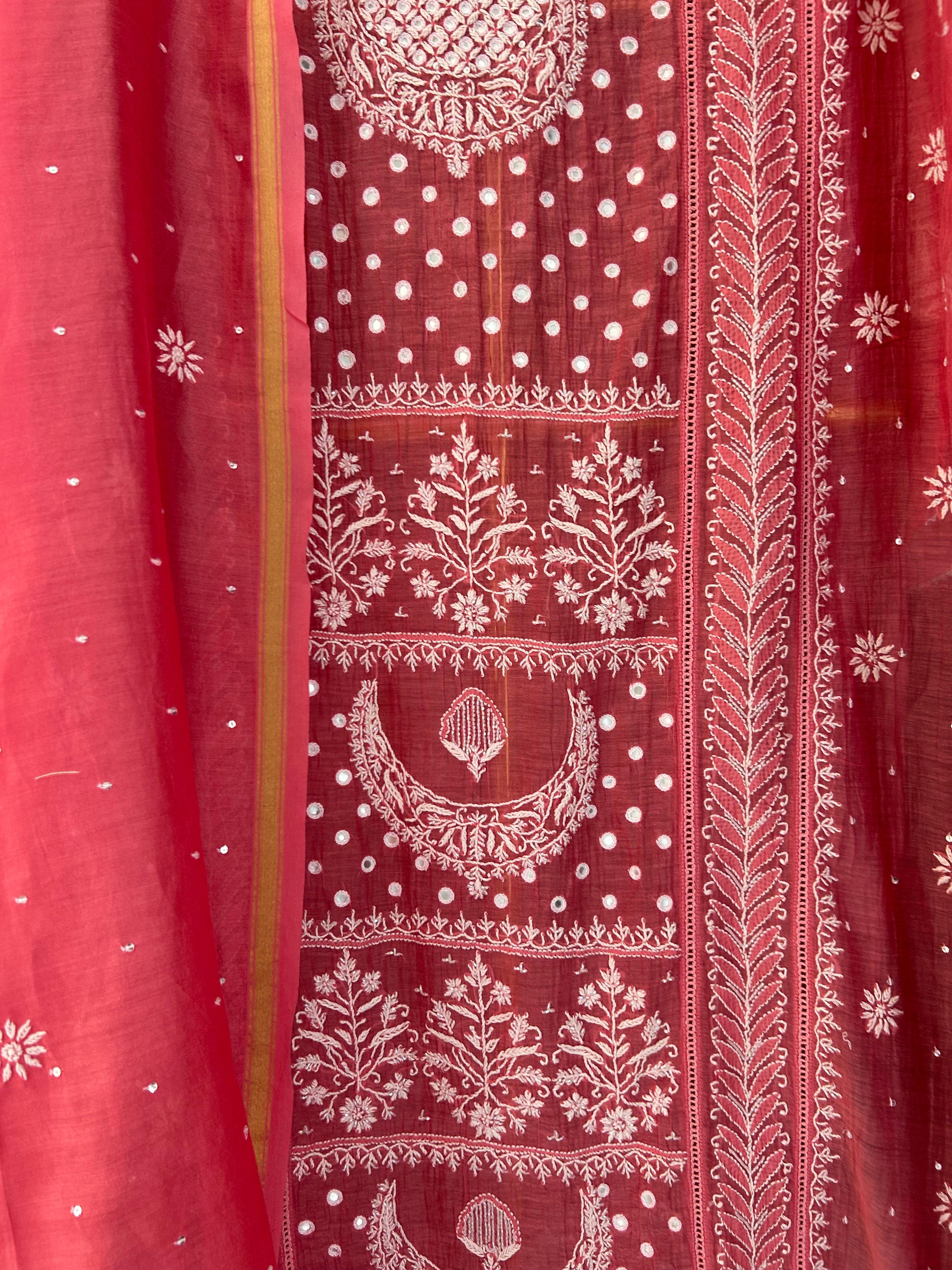 Pink Mirror Mul Chanderi Chikankari Kurta Set