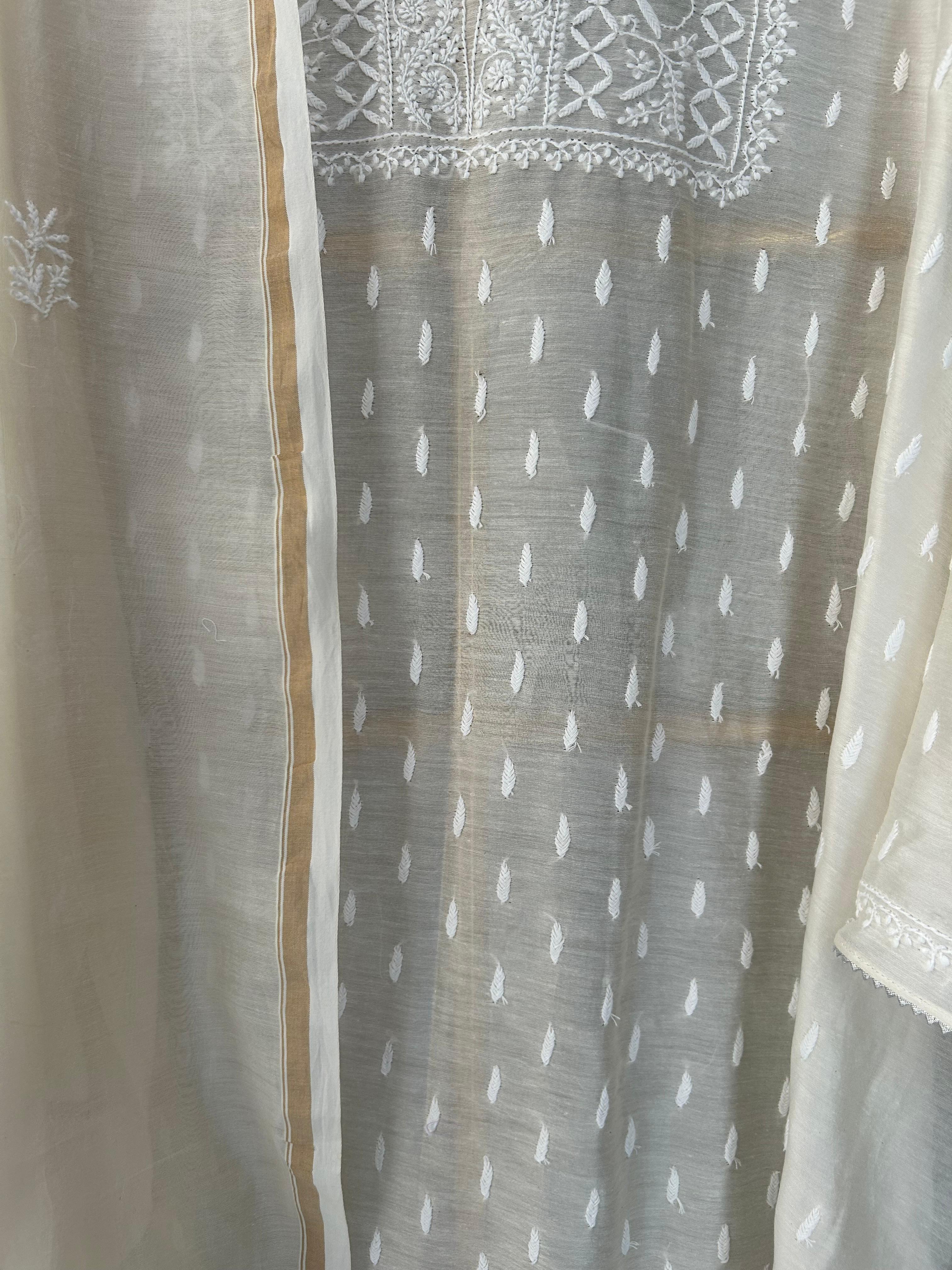 White Mul Chanderi Chikankari Kurta Set