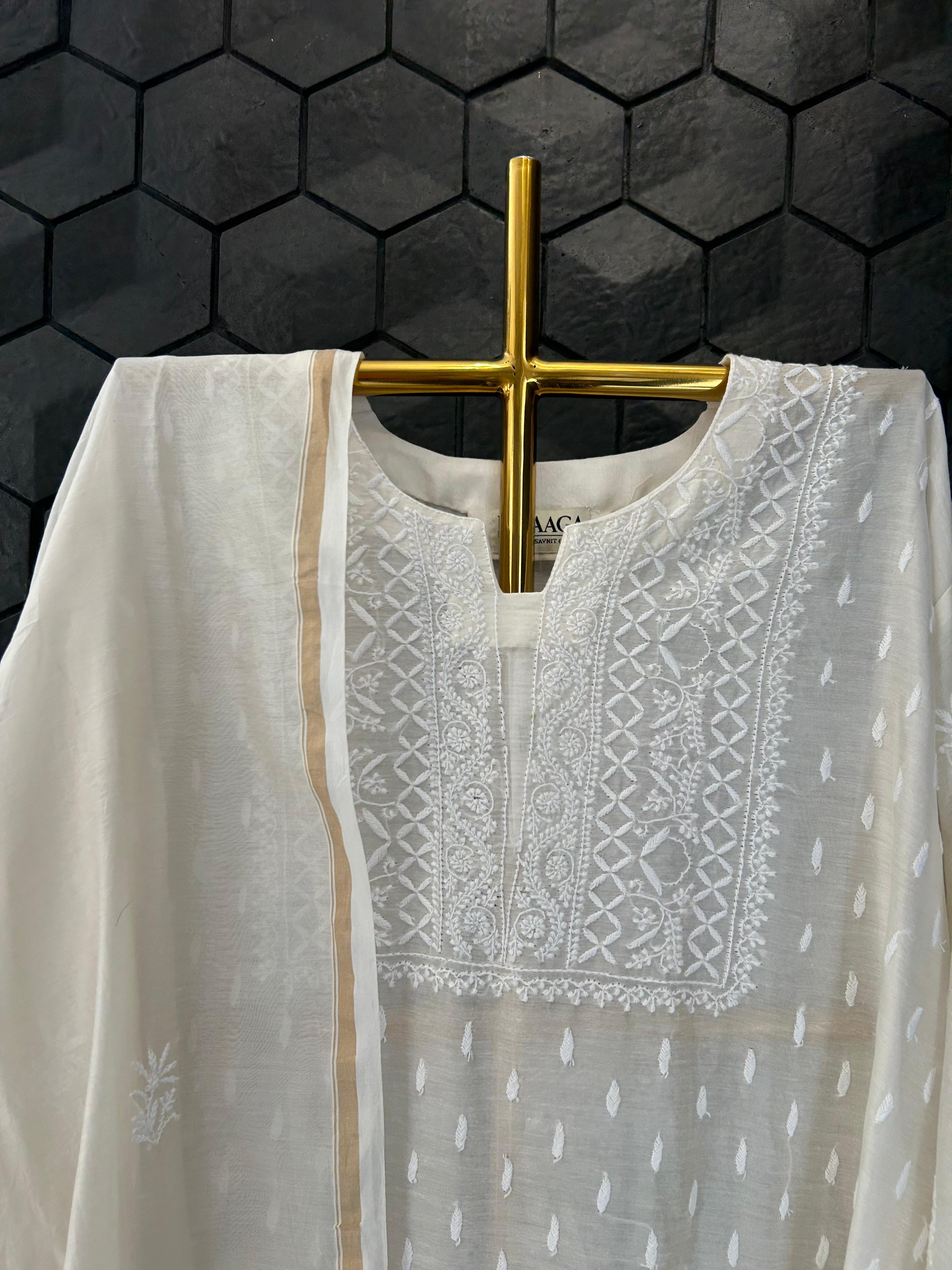 White Mul Chanderi Chikankari Kurta Set