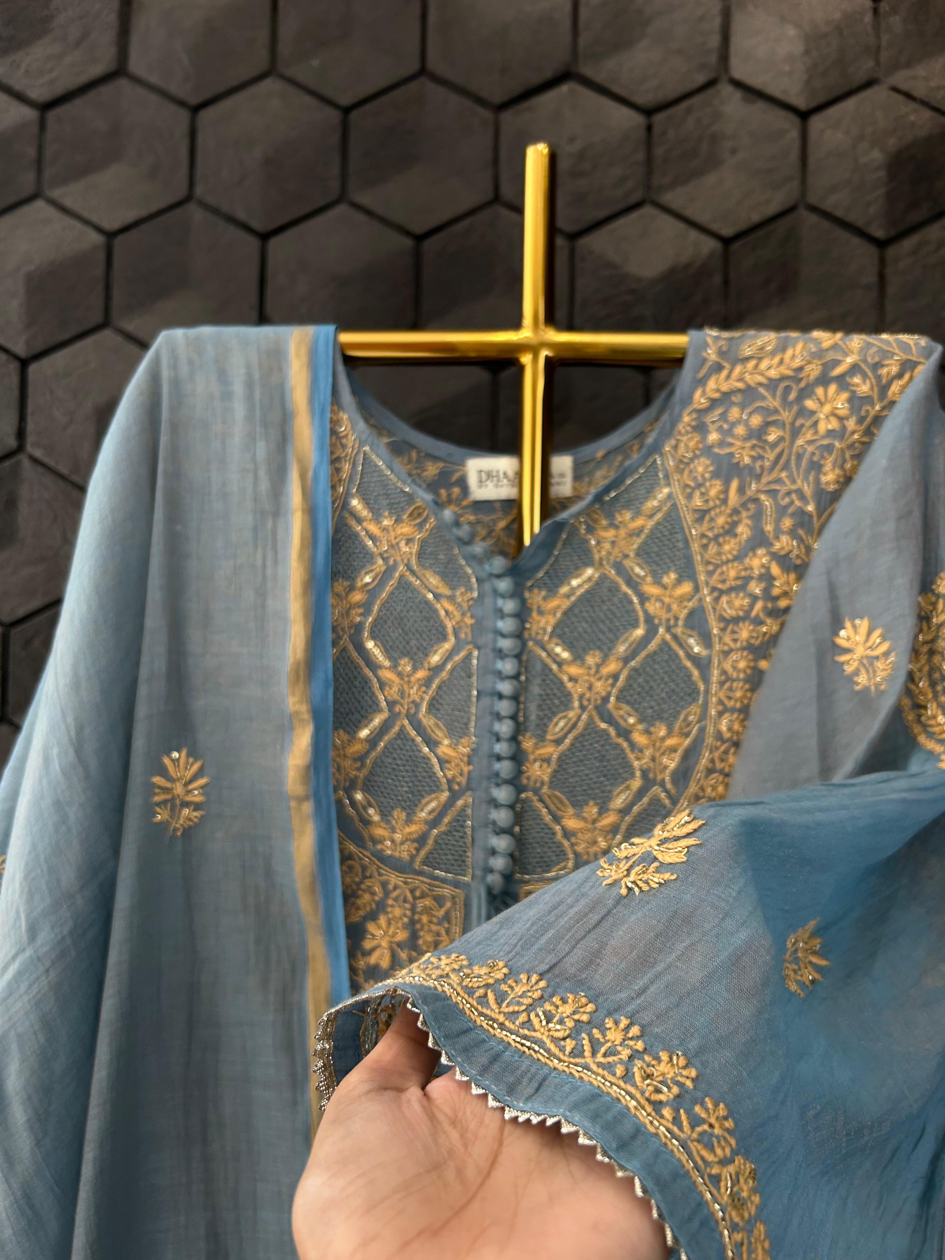 Blue Golden Tissue Chikankari Kurta Set