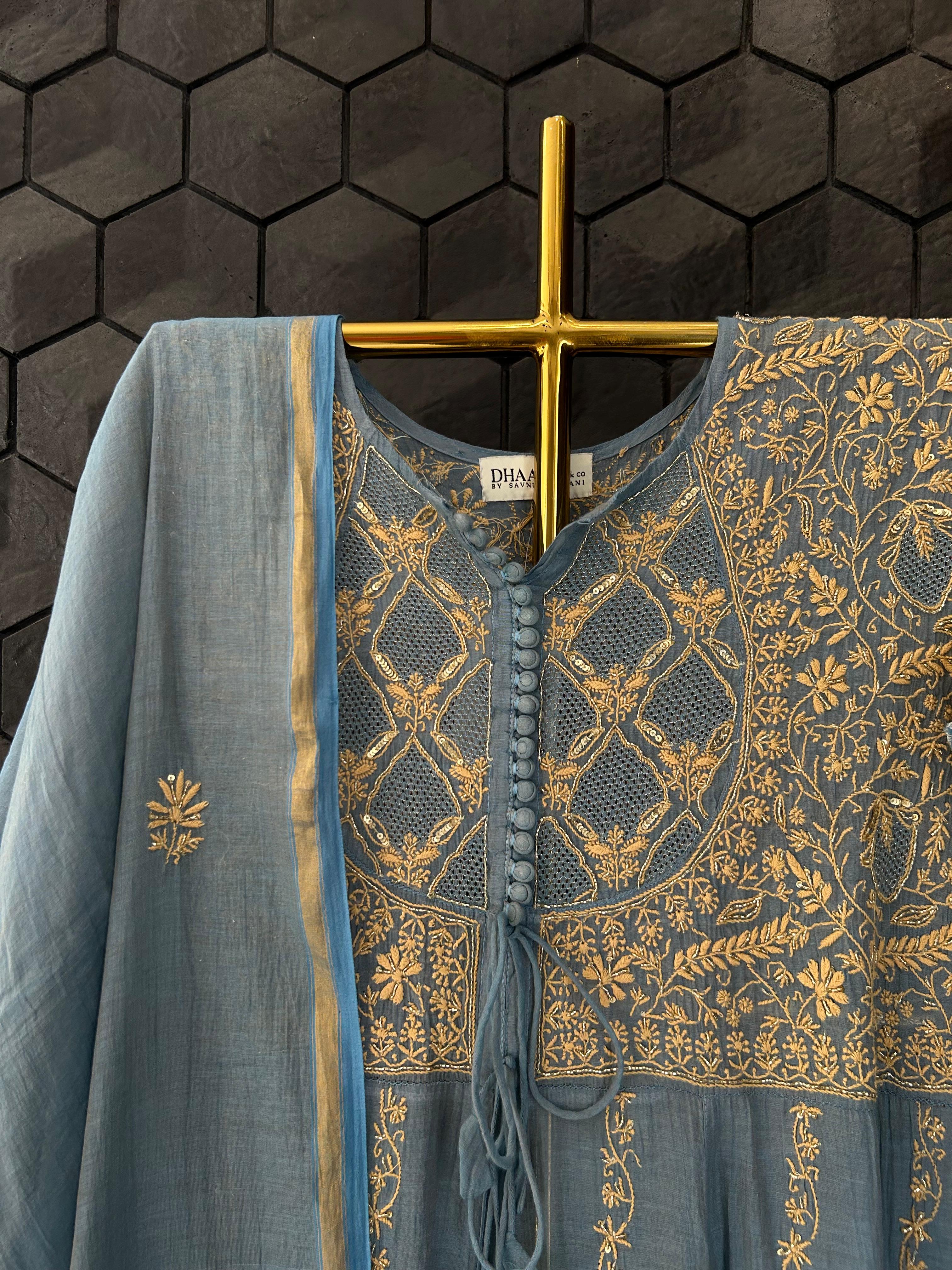 Blue Golden Tissue Chikankari Kurta Set