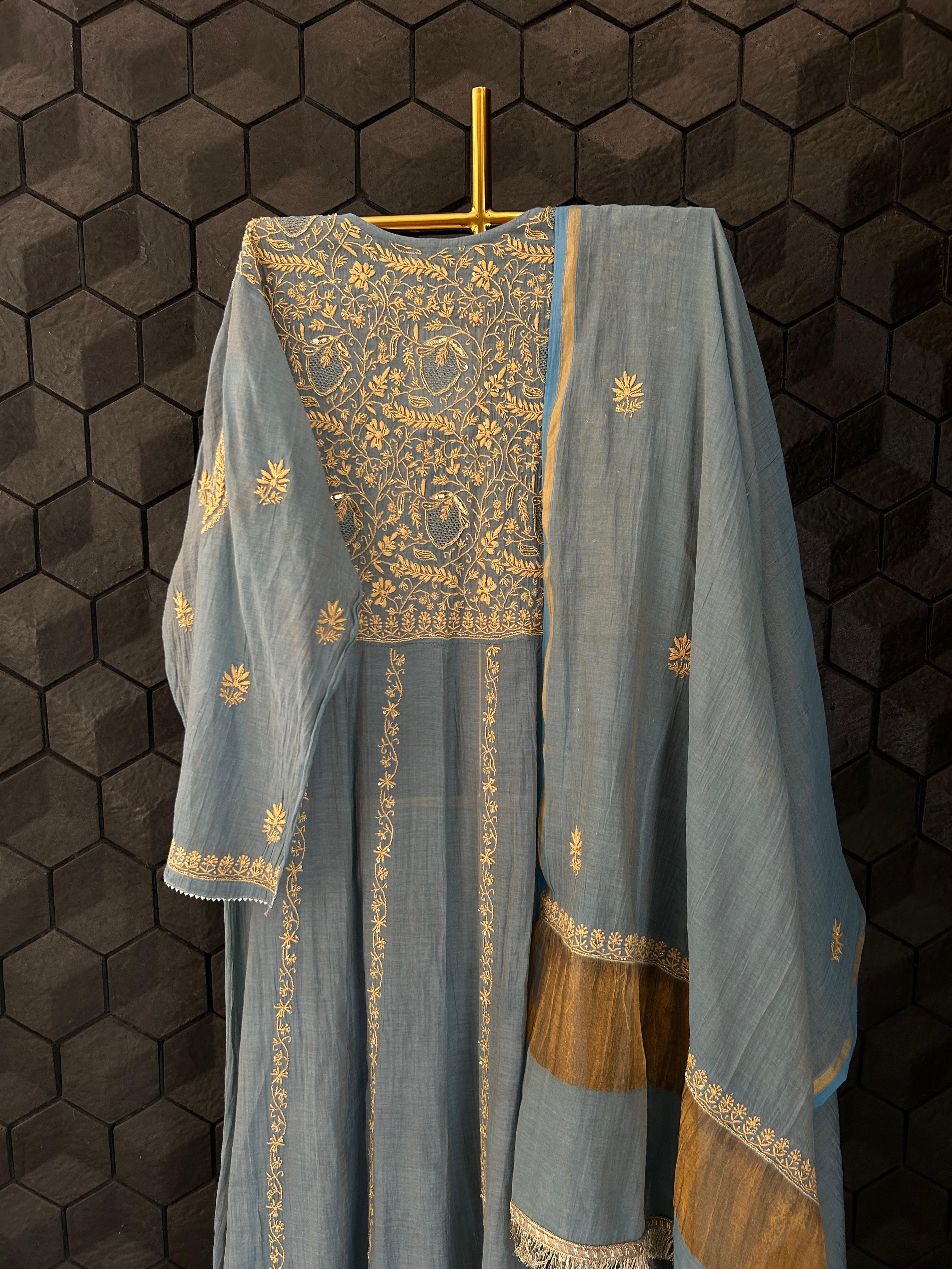 Blue Golden Tissue Chikankari Kurta Set