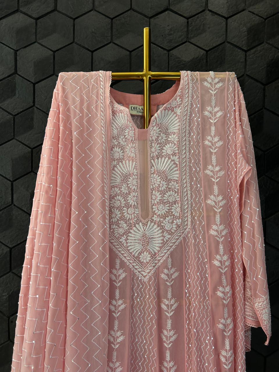 Pink Georgette Chikankari Kurta Set