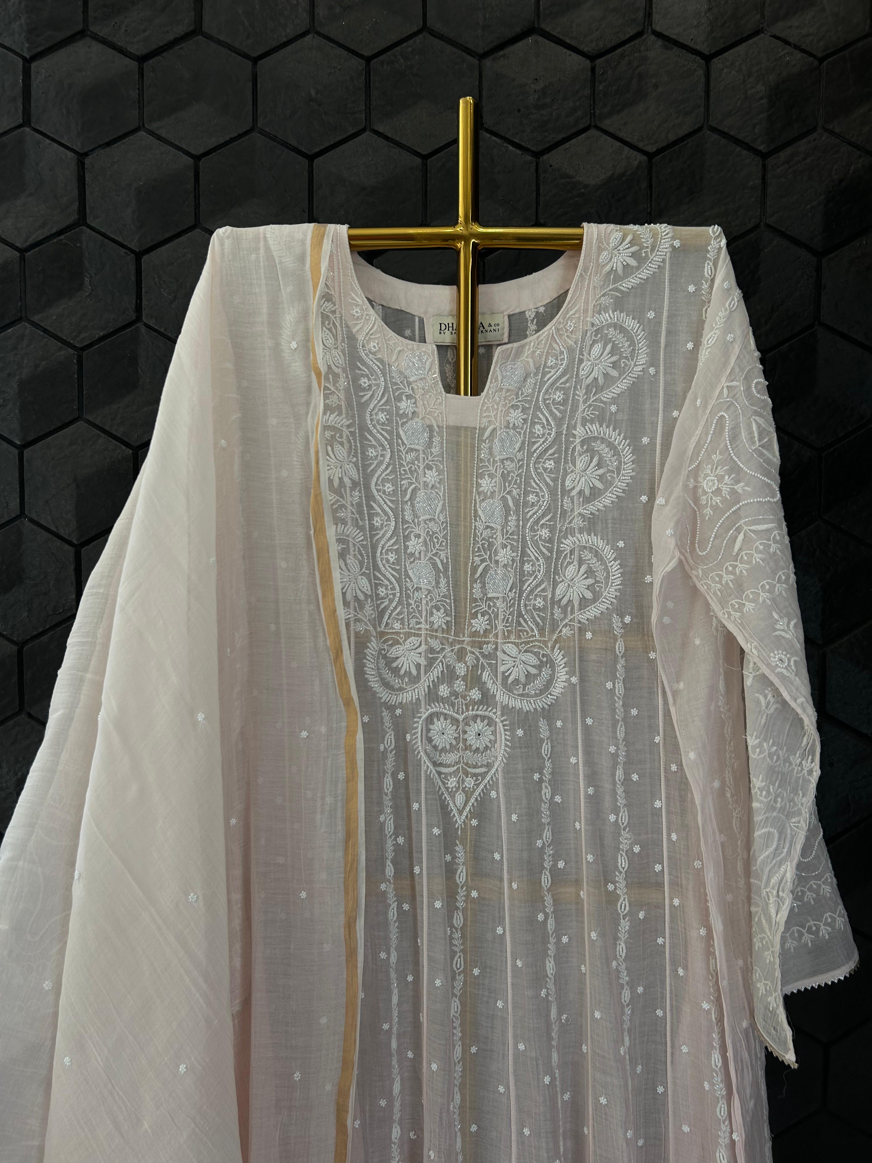 Pink Mul Chanderi Chikankari Anarkali Set