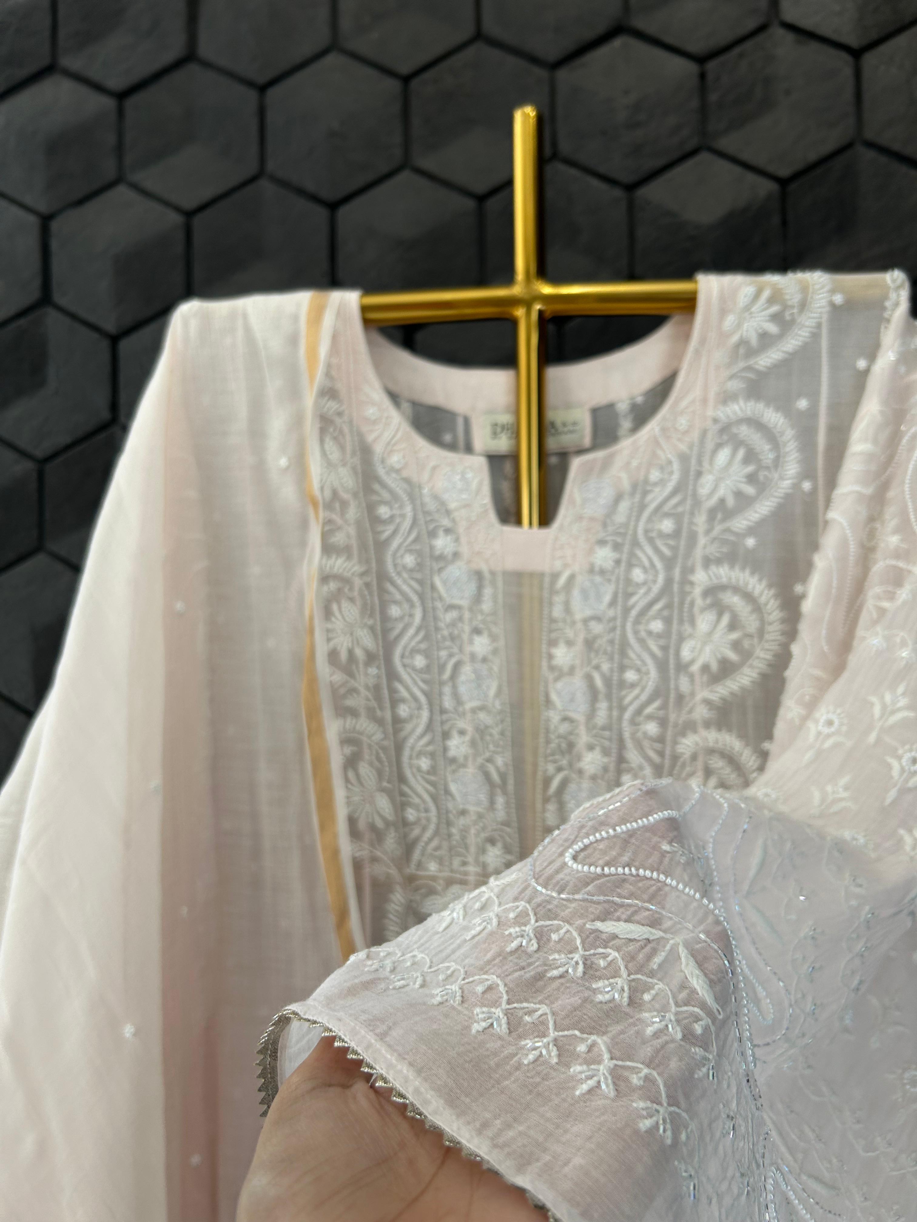 Pink Mul Chanderi Chikankari Anarkali Set