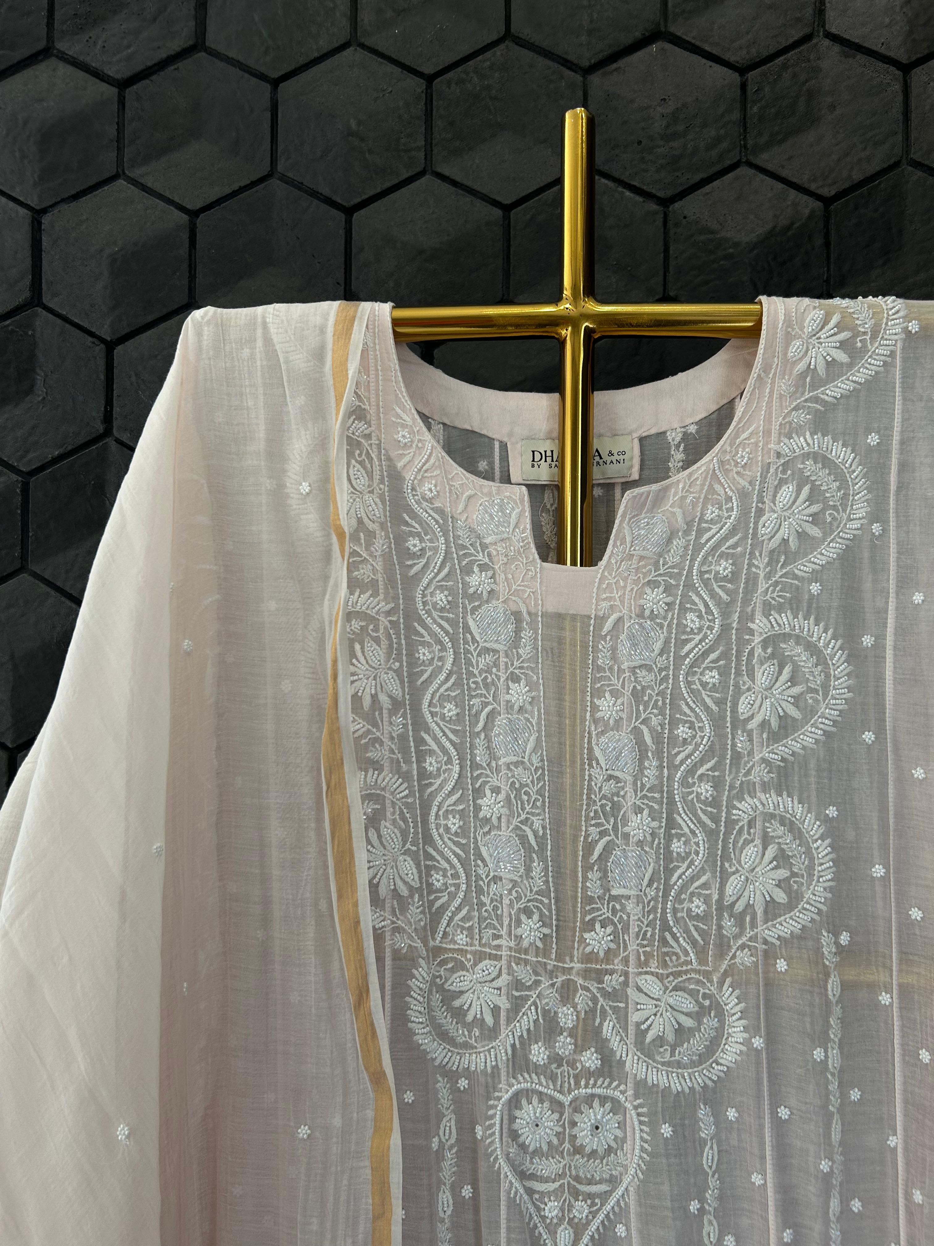 Pink Mul Chanderi Chikankari Anarkali Set