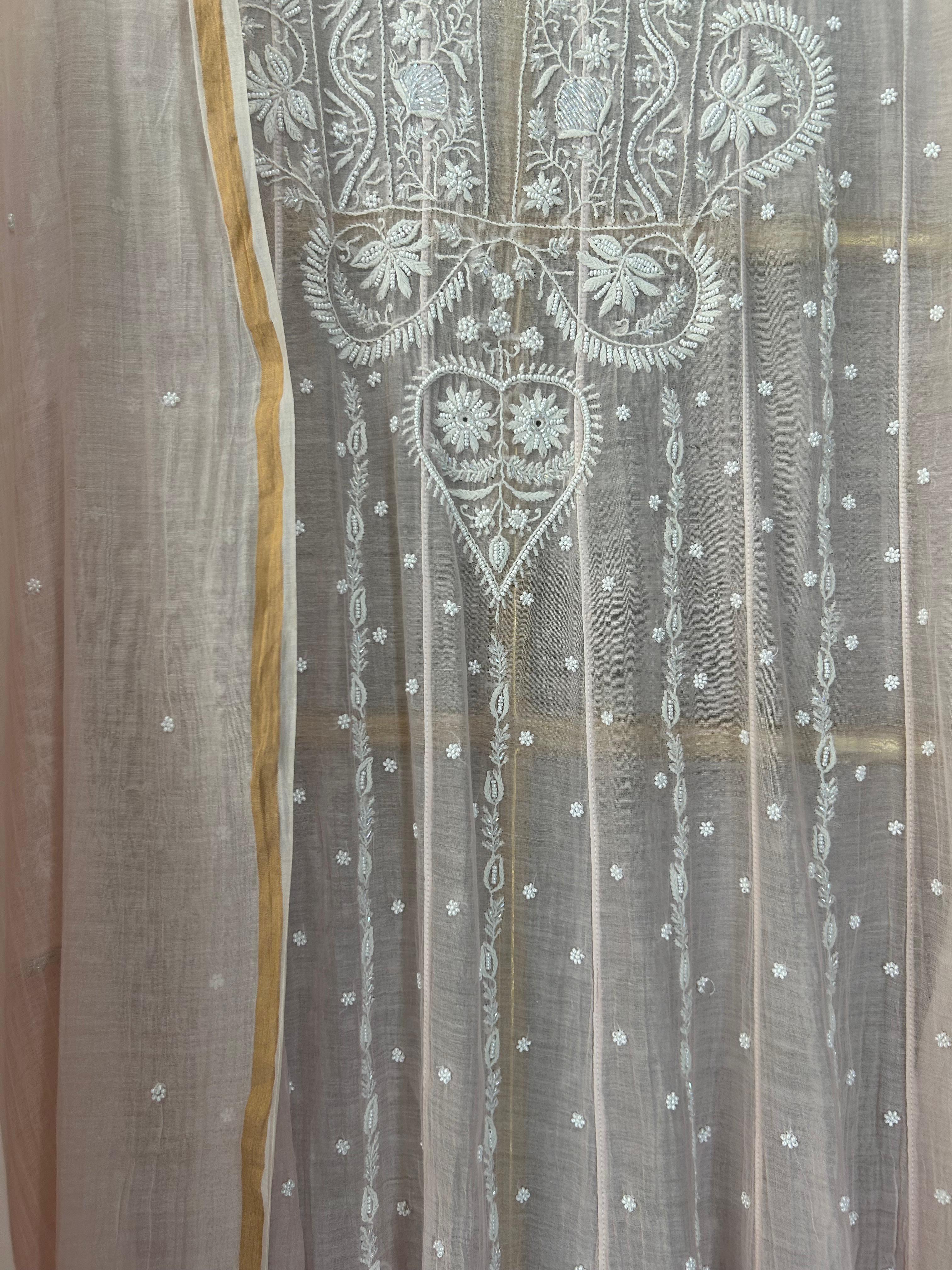 Pink Mul Chanderi Chikankari Anarkali Set