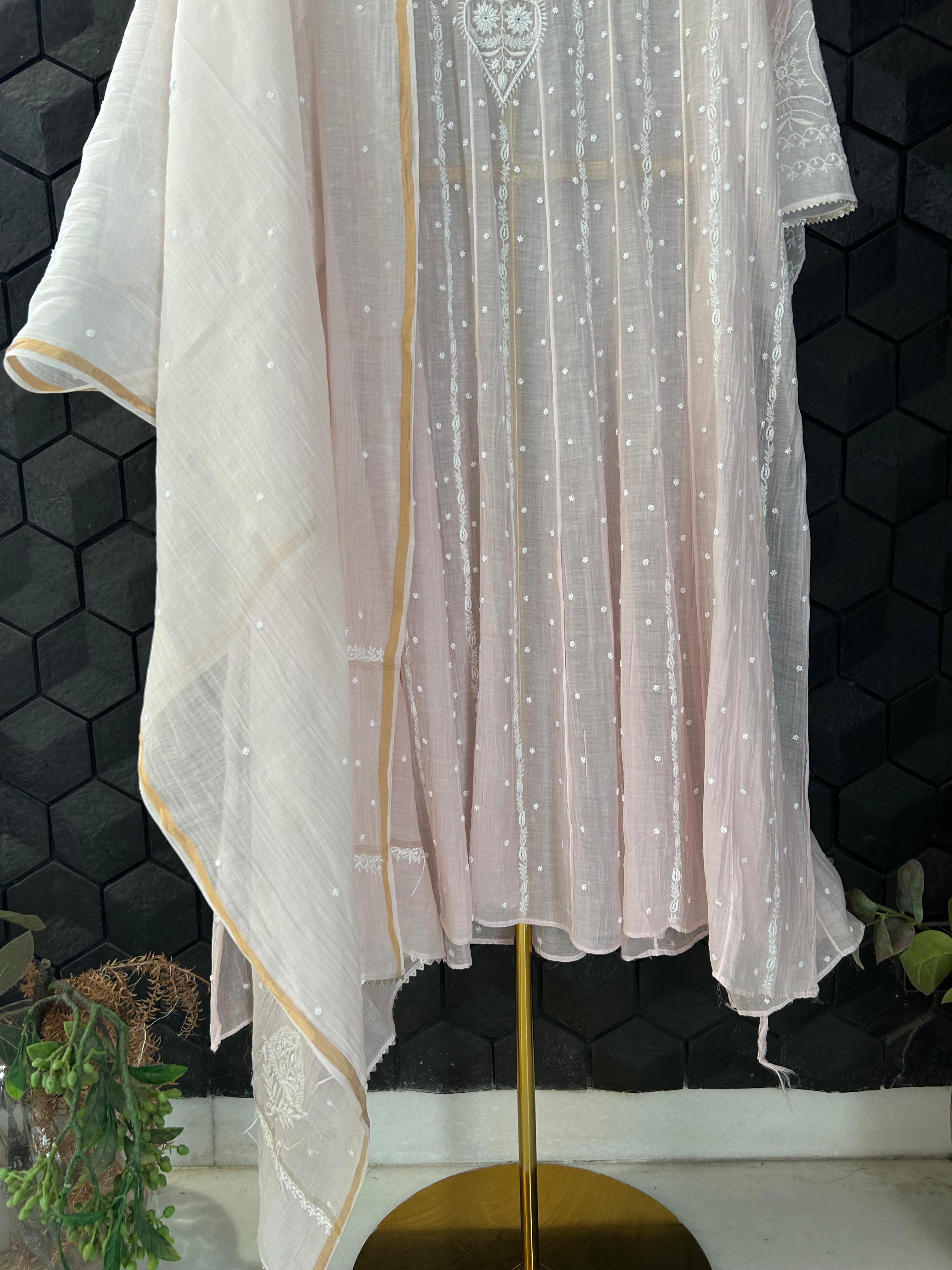 Pink Mul Chanderi Chikankari Anarkali Set