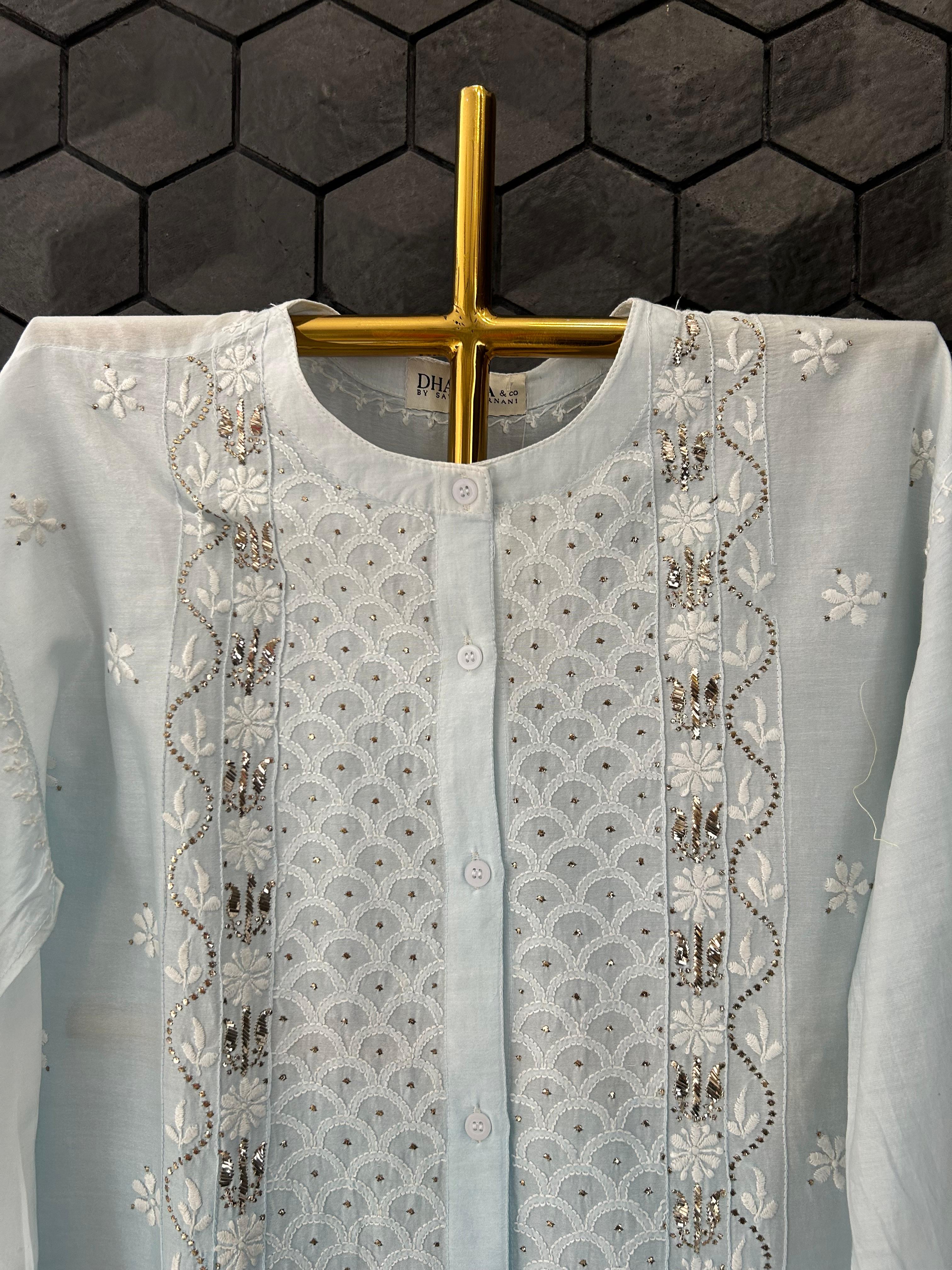 Blue Chanderi Mukaish Chikankari Co-ord Set