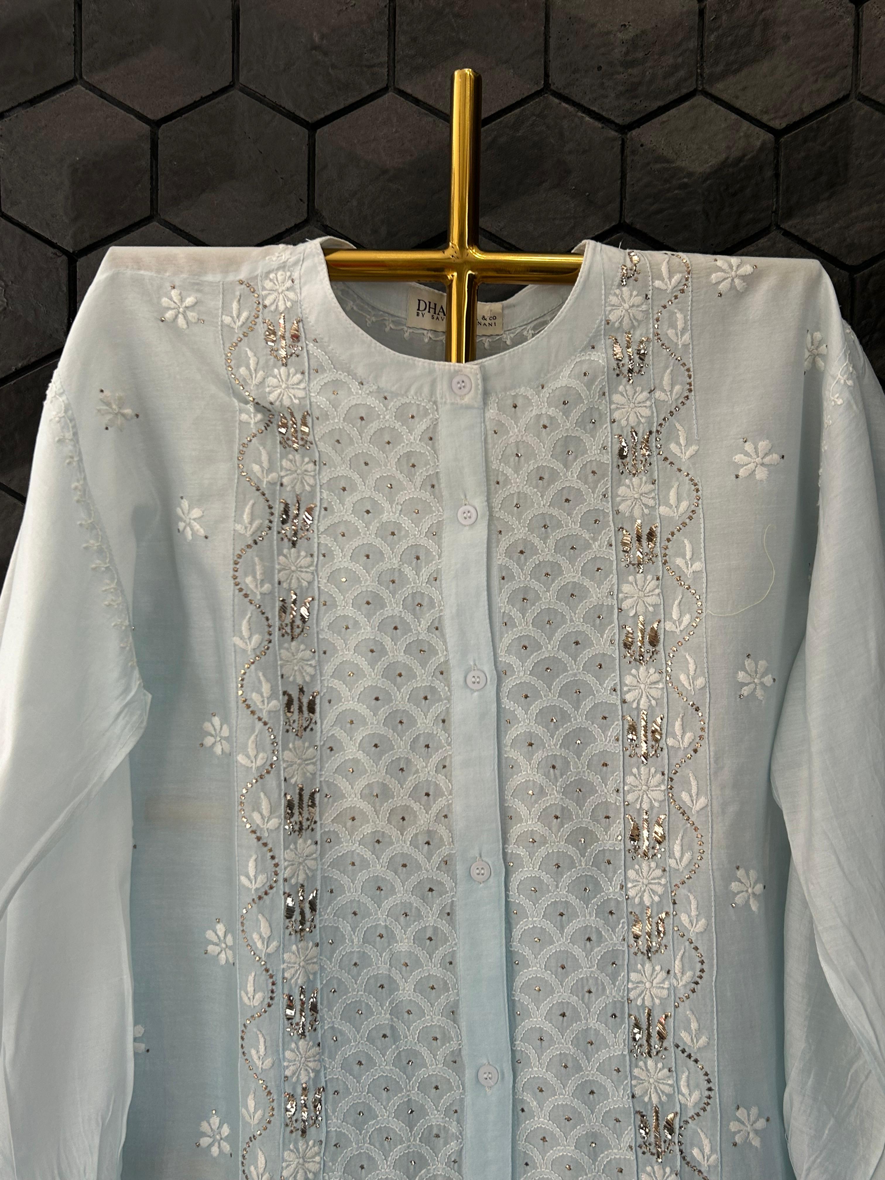 Blue Chanderi Mukaish Chikankari Co-ord Set