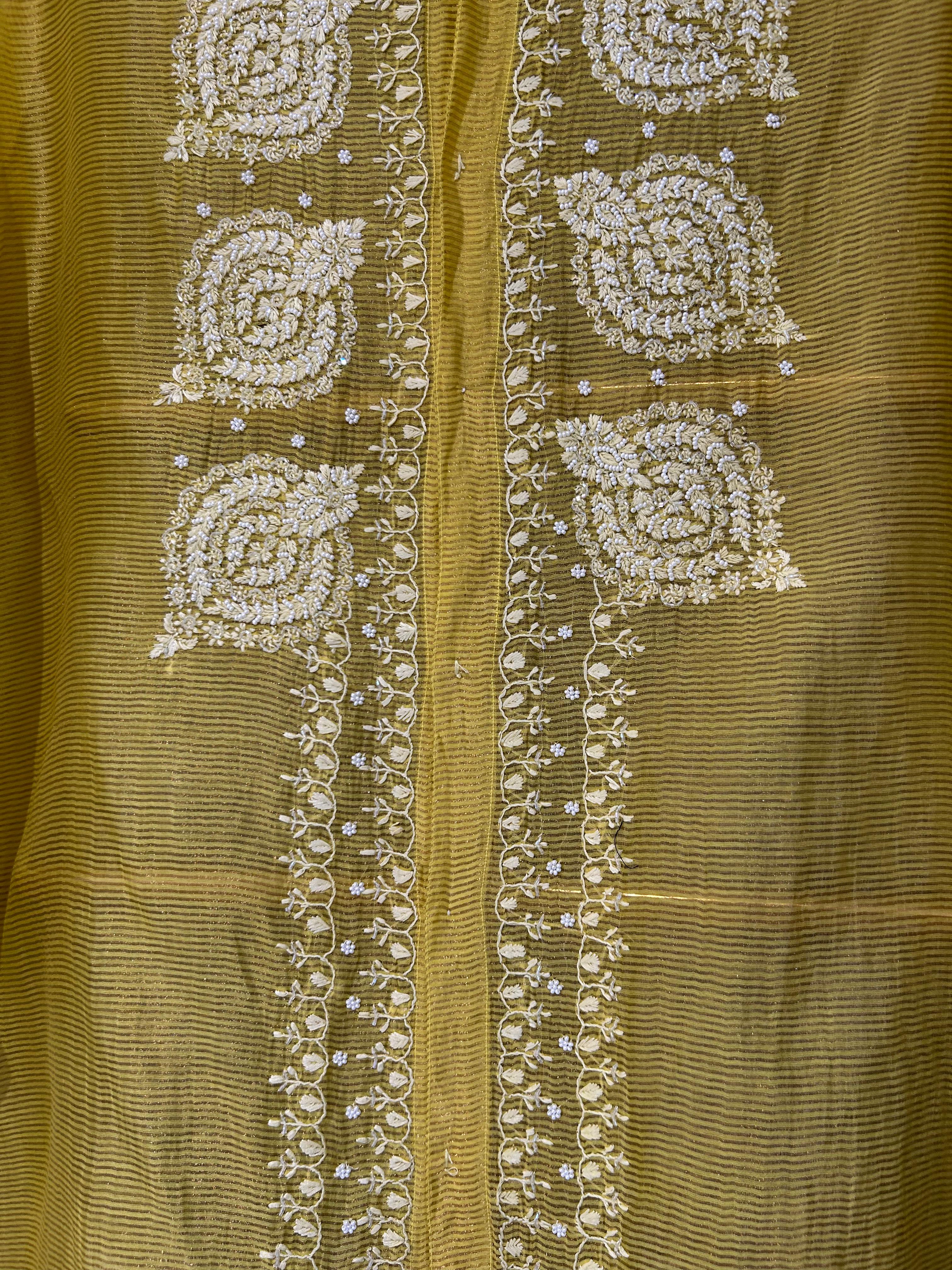 Green Striped Tissue Chanderi Chikankari Shirt