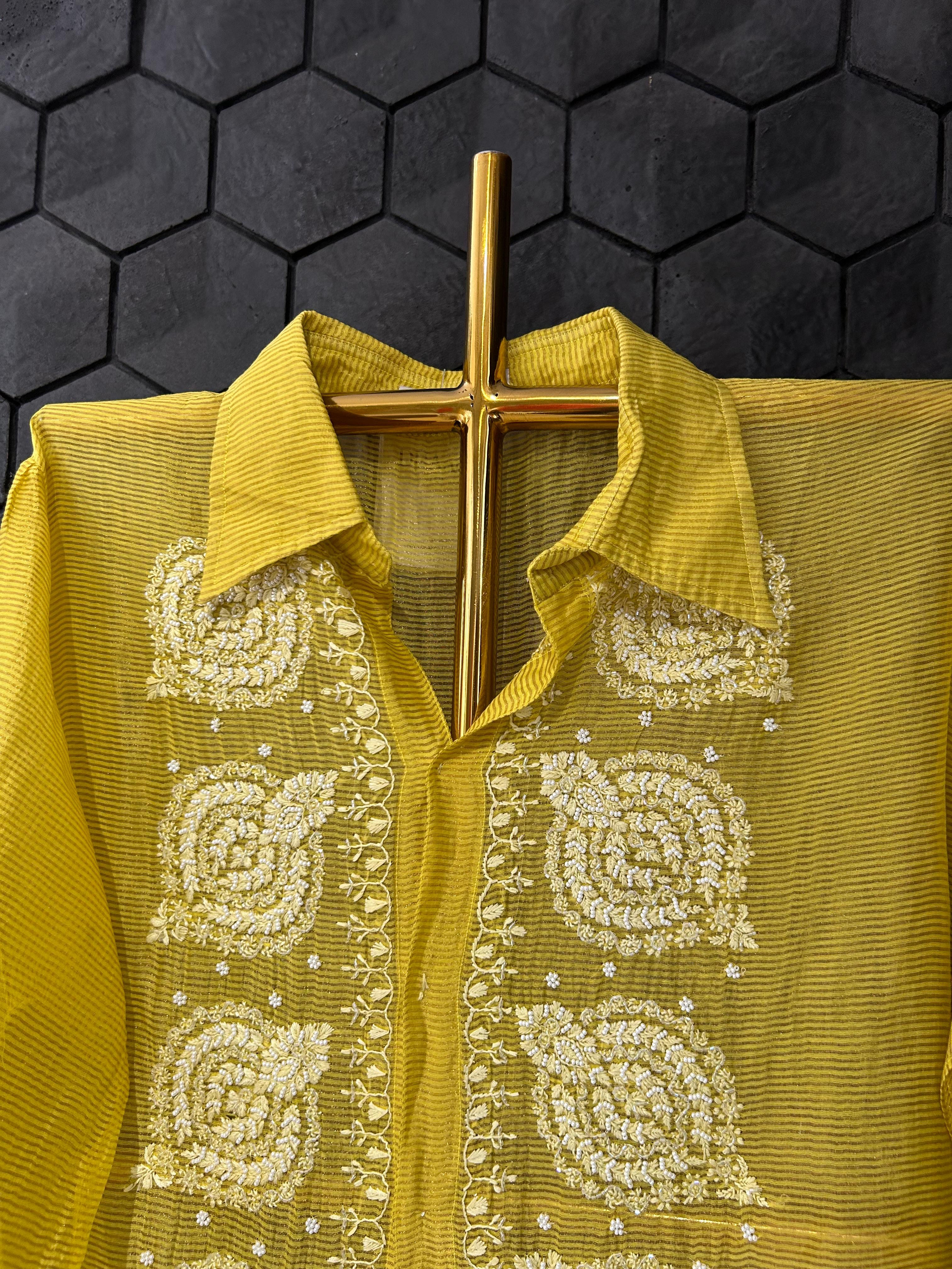 Green Striped Tissue Chanderi Chikankari Shirt