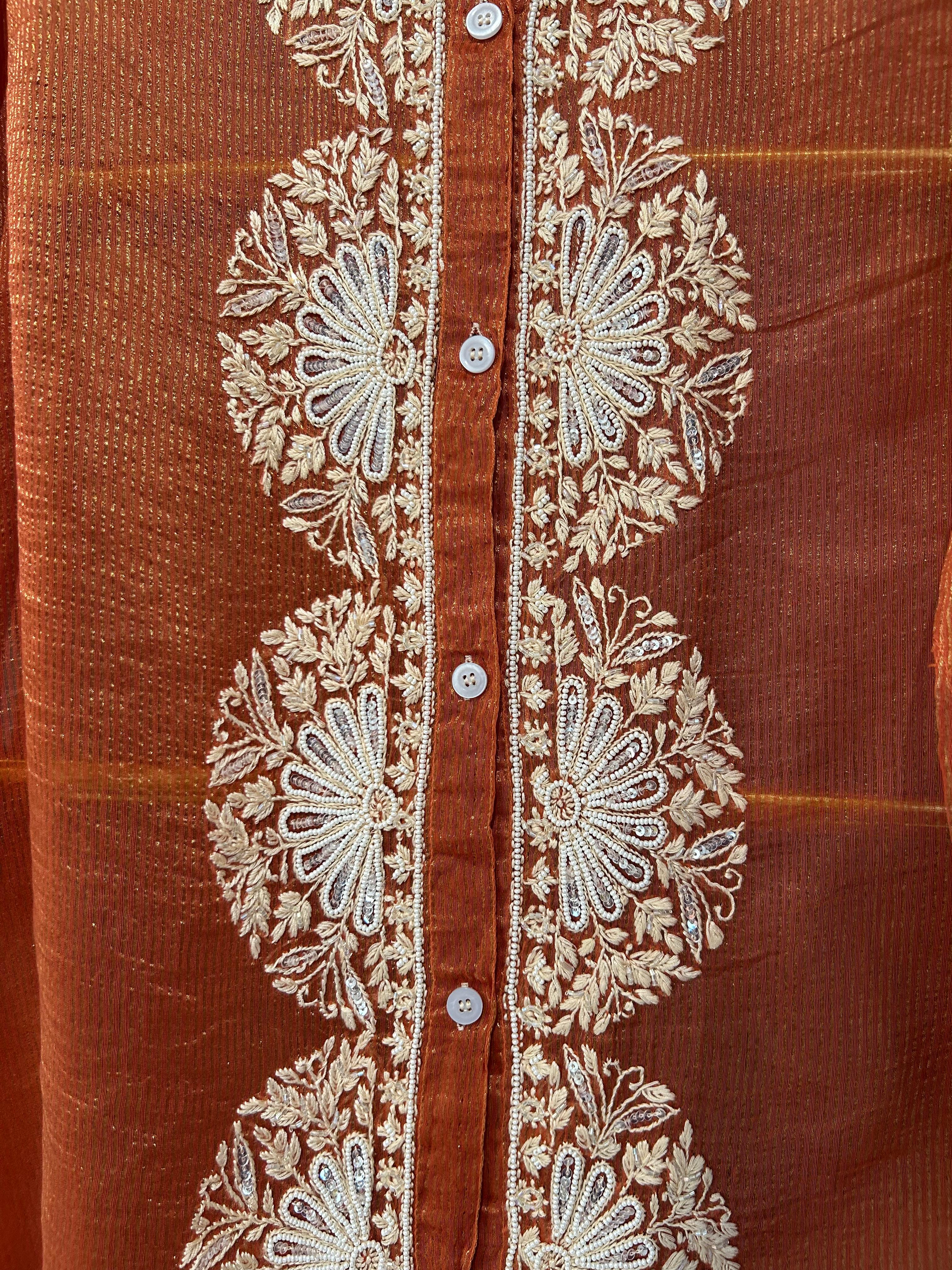 Rust Striped Tissue Chanderi Chikankari Shirt