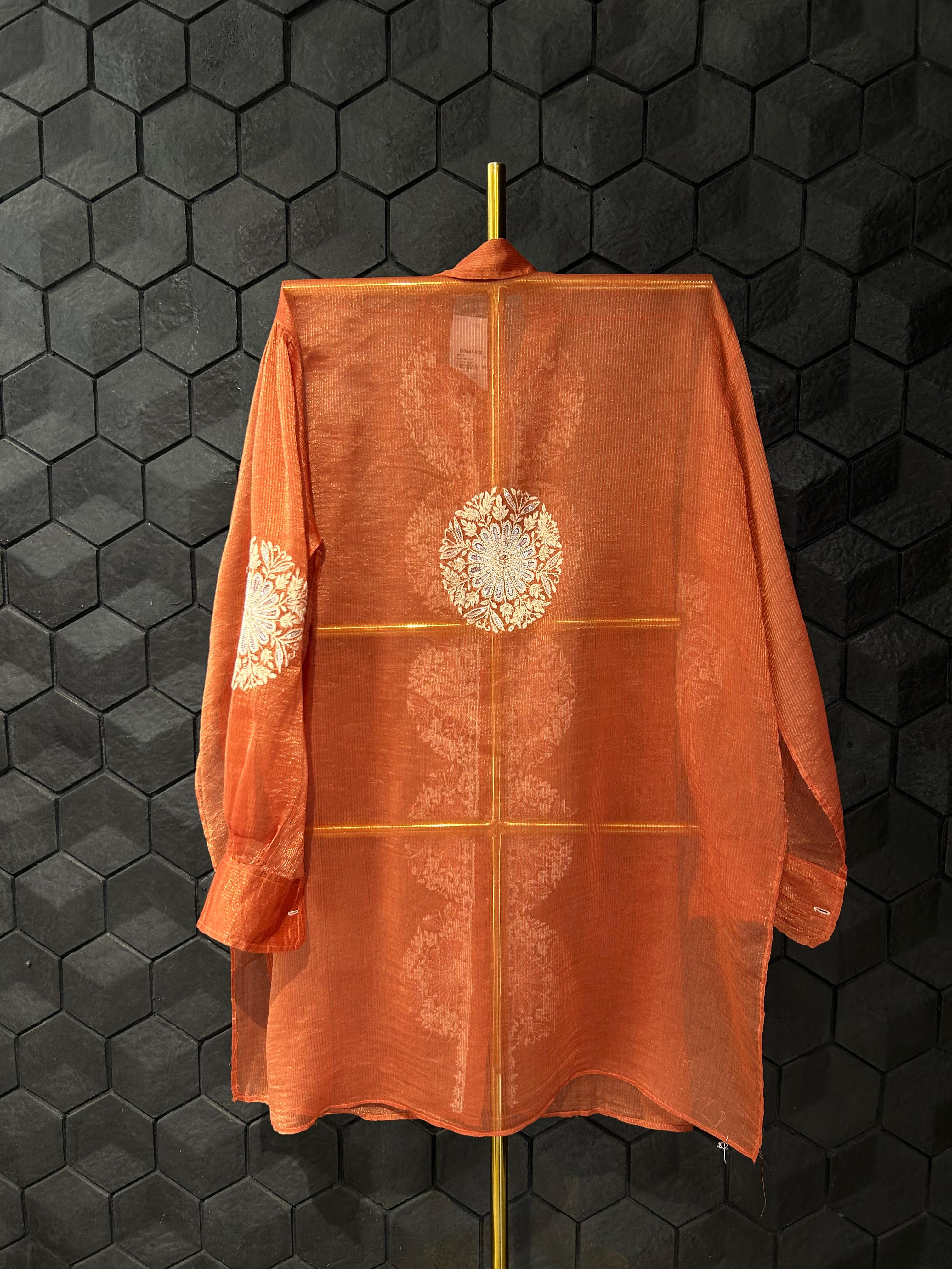 Rust Striped Tissue Chanderi Chikankari Shirt
