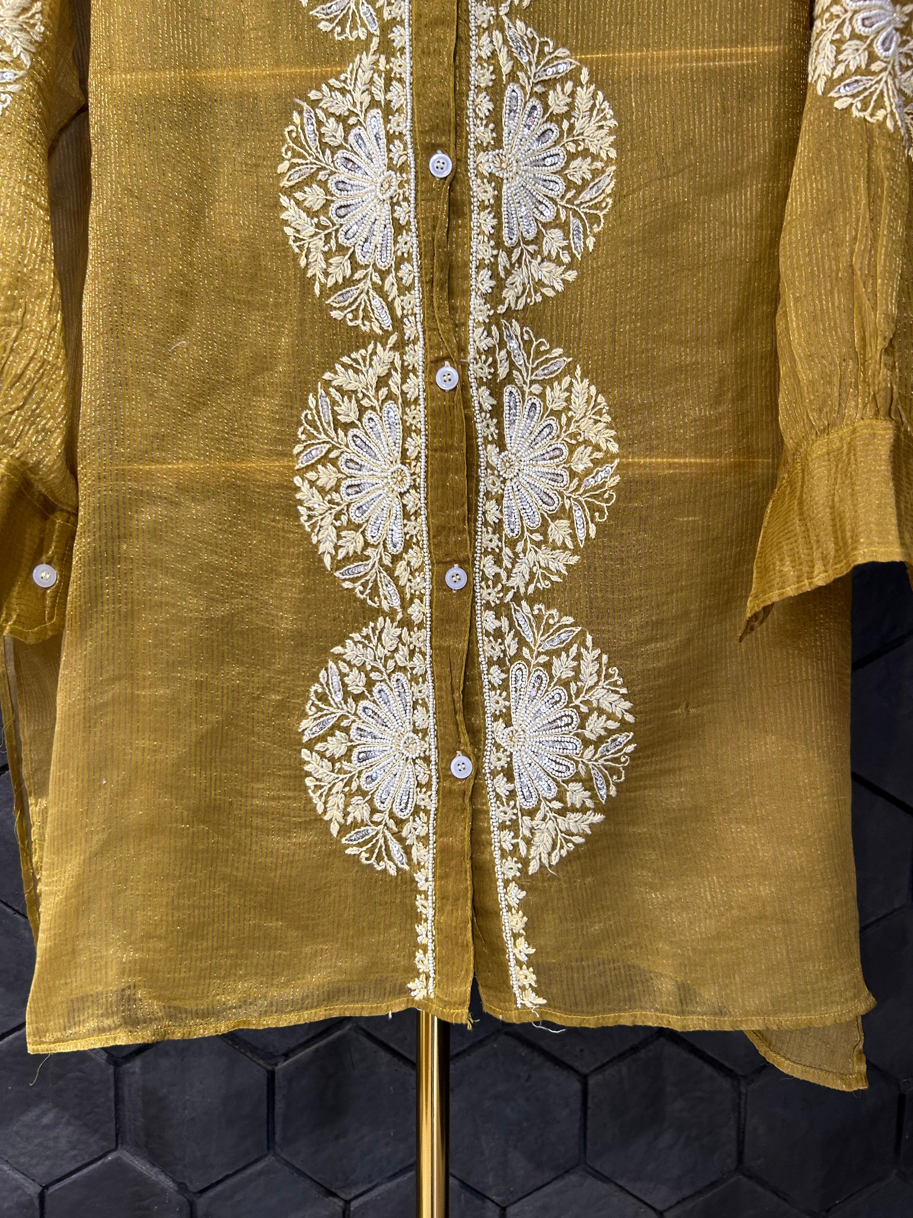 Green Striped Tissue Chanderi Chikankari Shirt