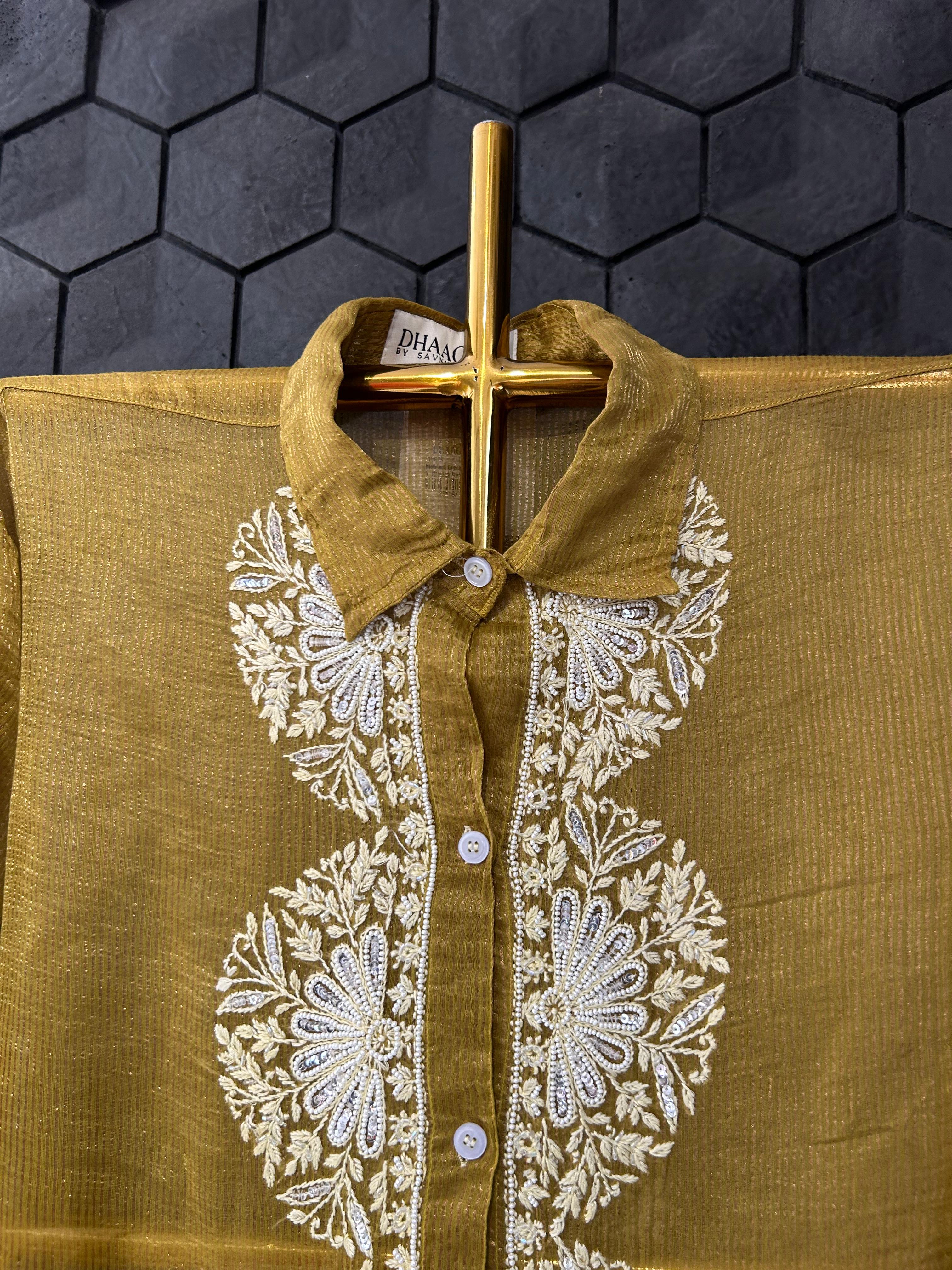 Green Striped Tissue Chanderi Chikankari Shirt