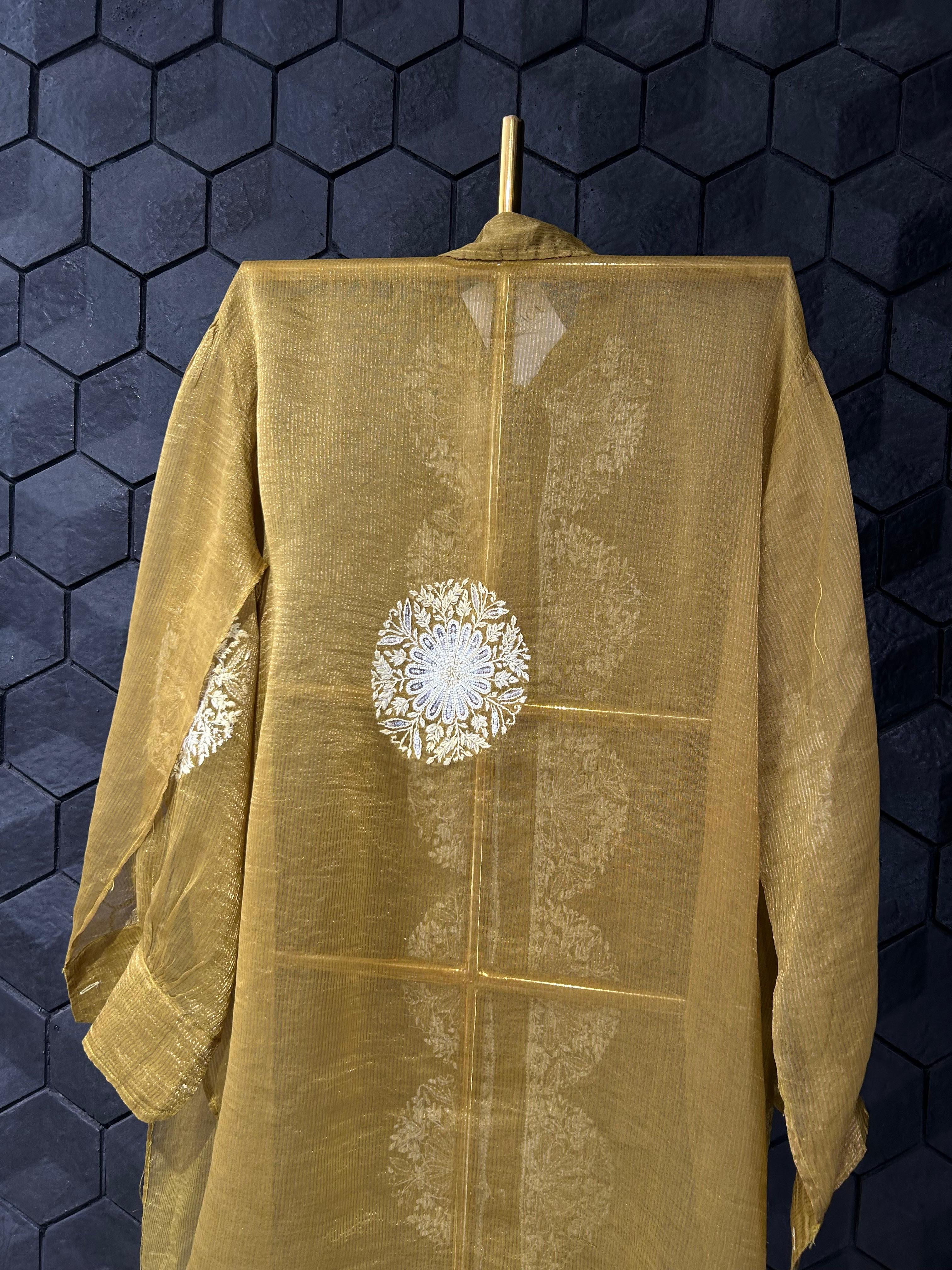 Green Striped Tissue Chanderi Chikankari Shirt