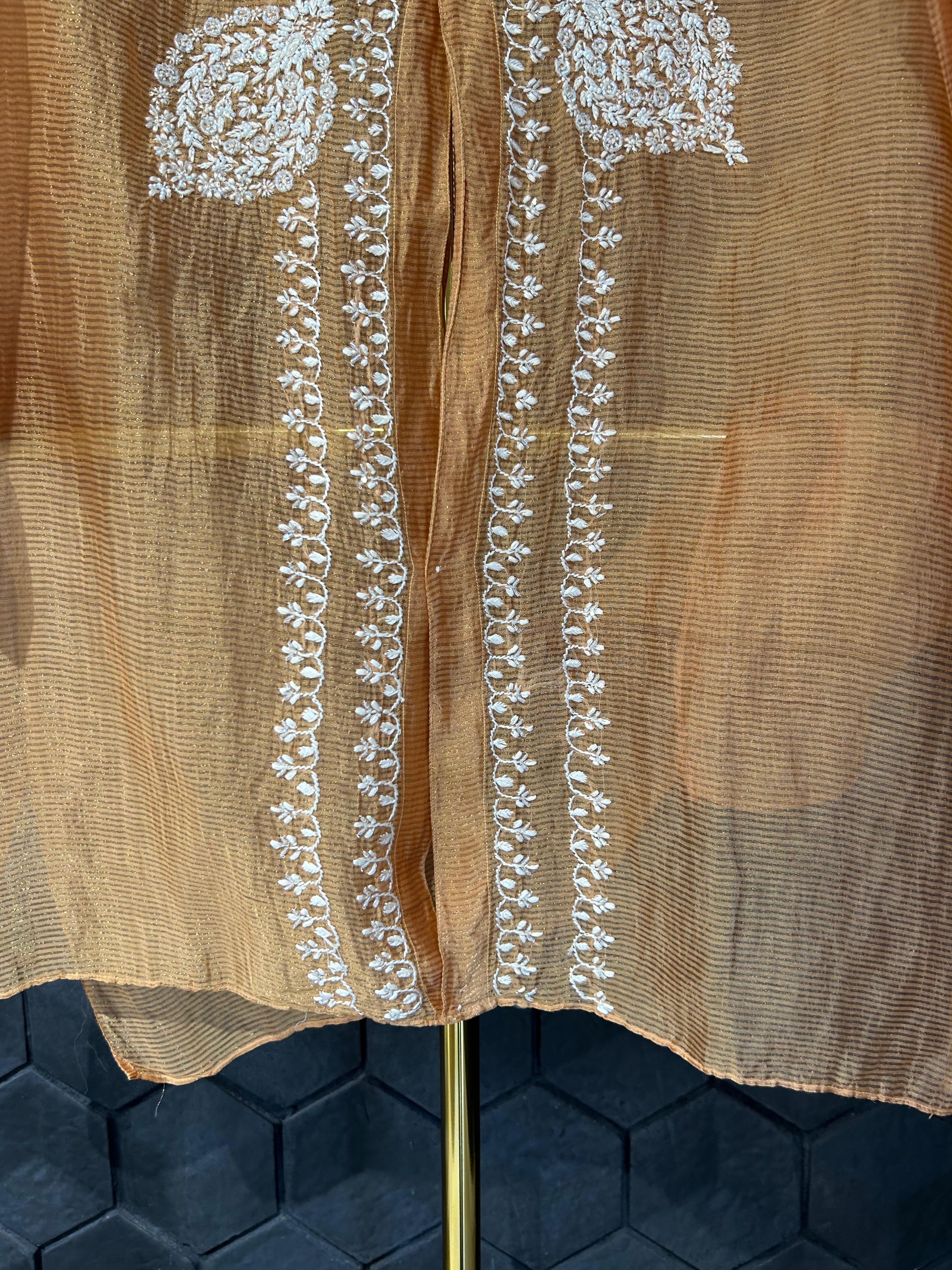 Orange Striped Tissue Chanderi Chikankari Shirt