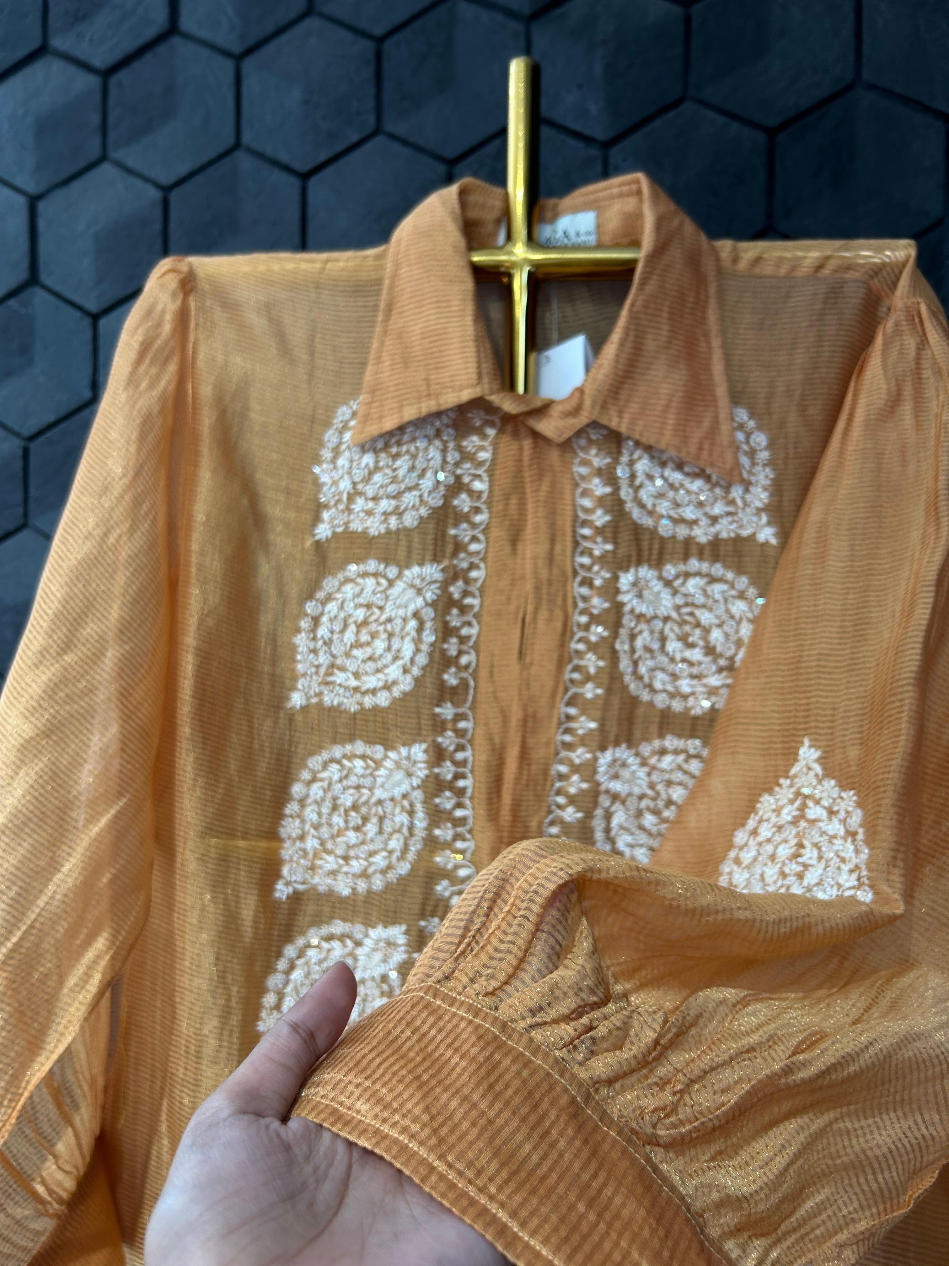 Orange Striped Tissue Chanderi Chikankari Shirt