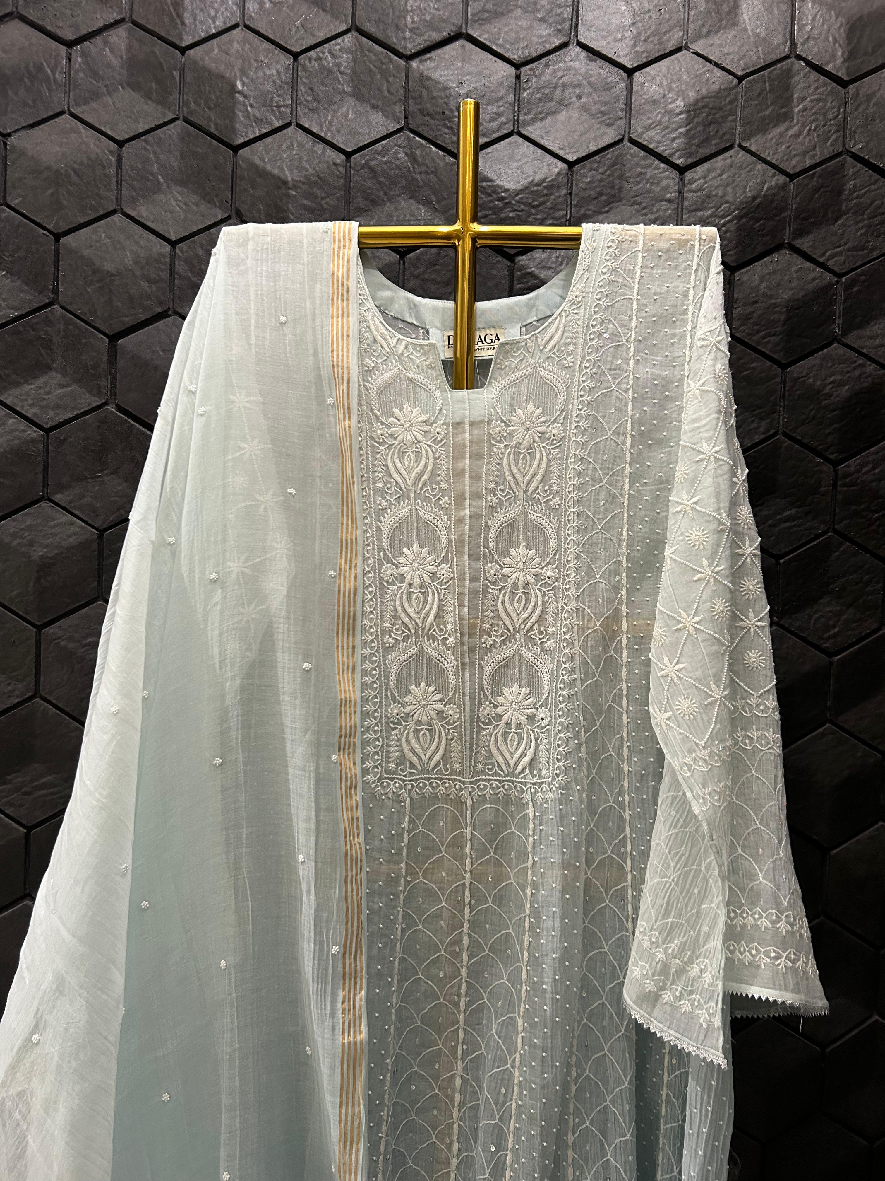 Blue Mul Chanderi Chikankari Anarkali Set