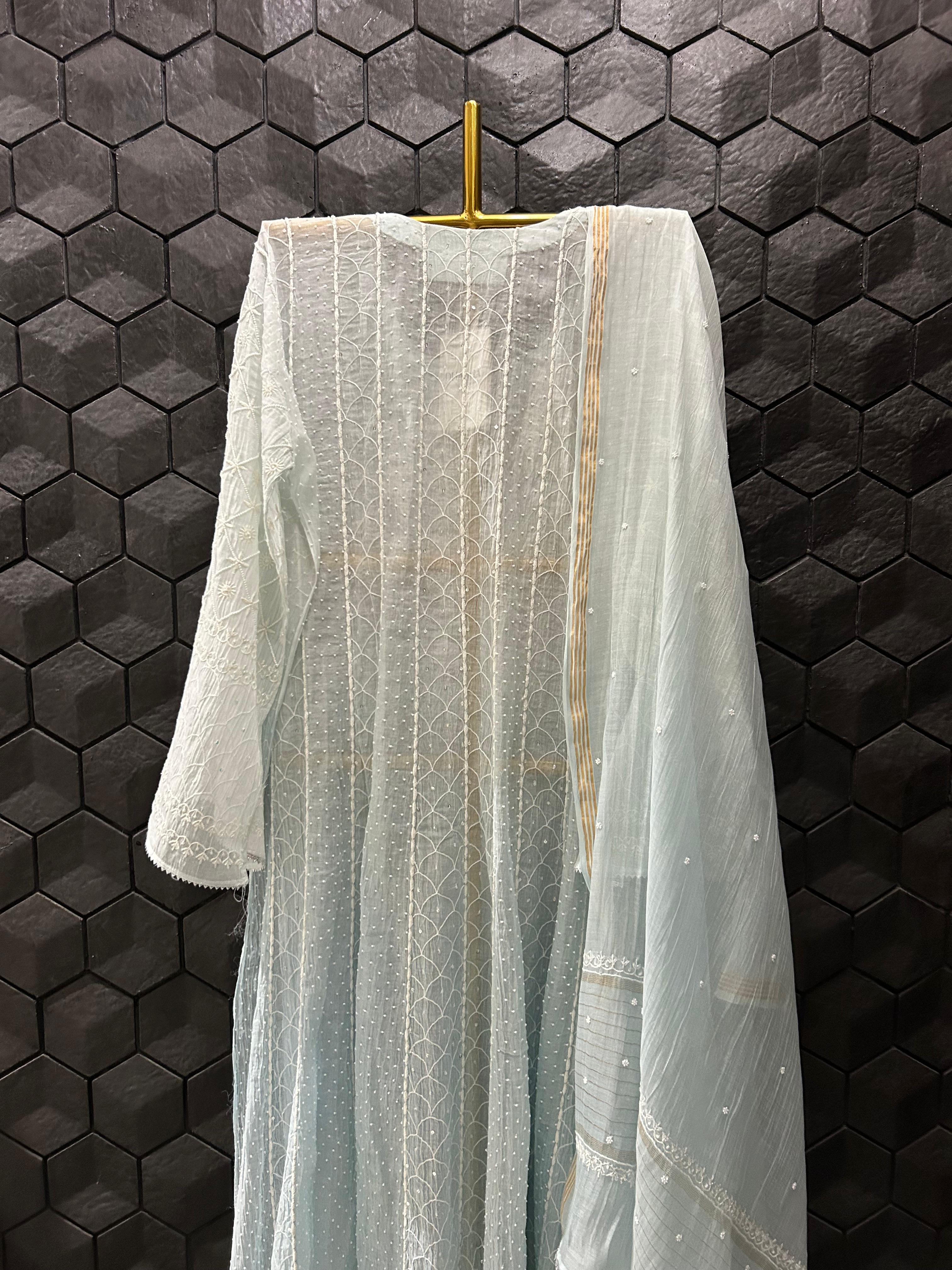 Blue Mul Chanderi Chikankari Anarkali Set