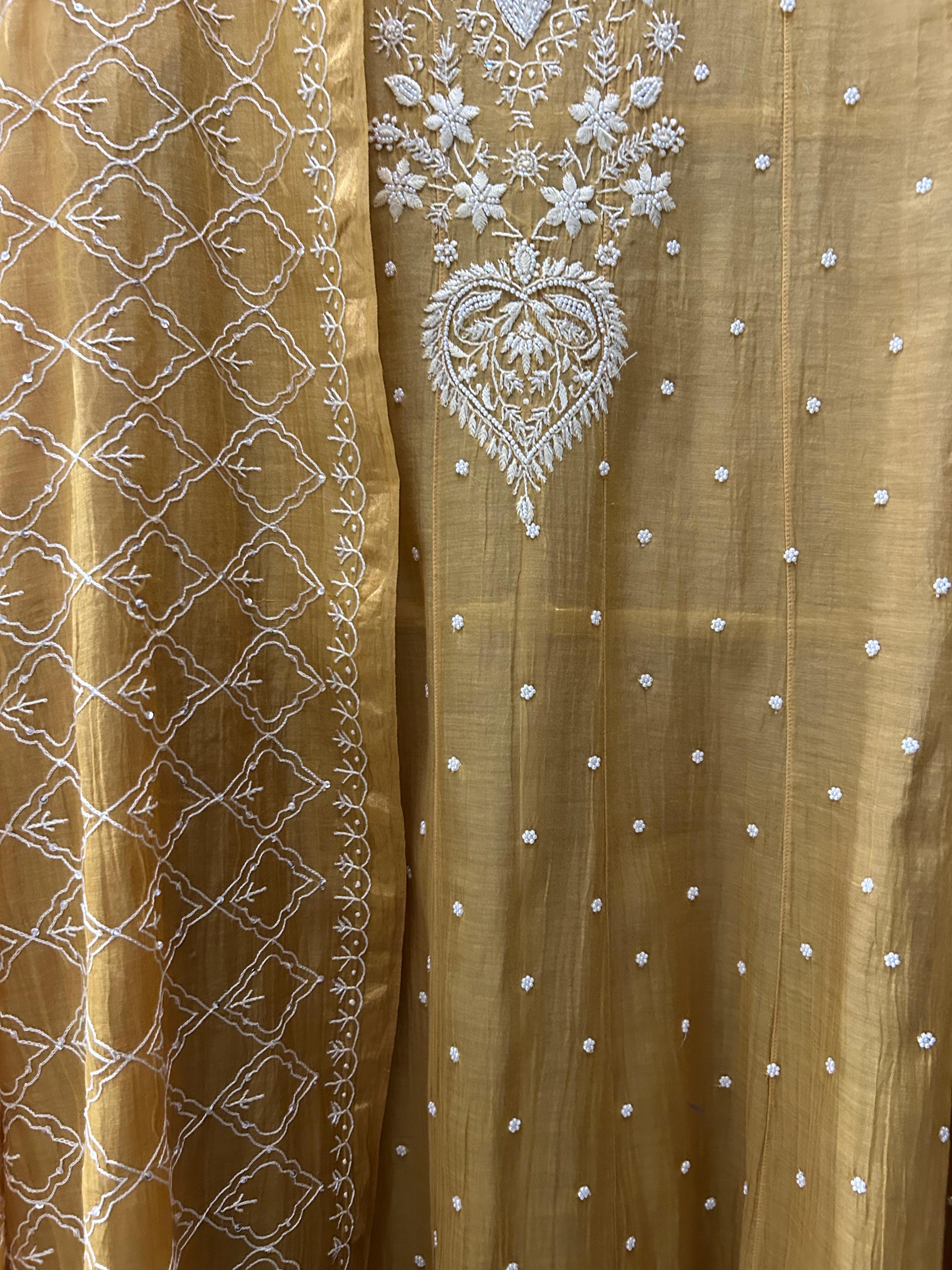 Mustard Mul Chanderi Chikankari Anarkali Set