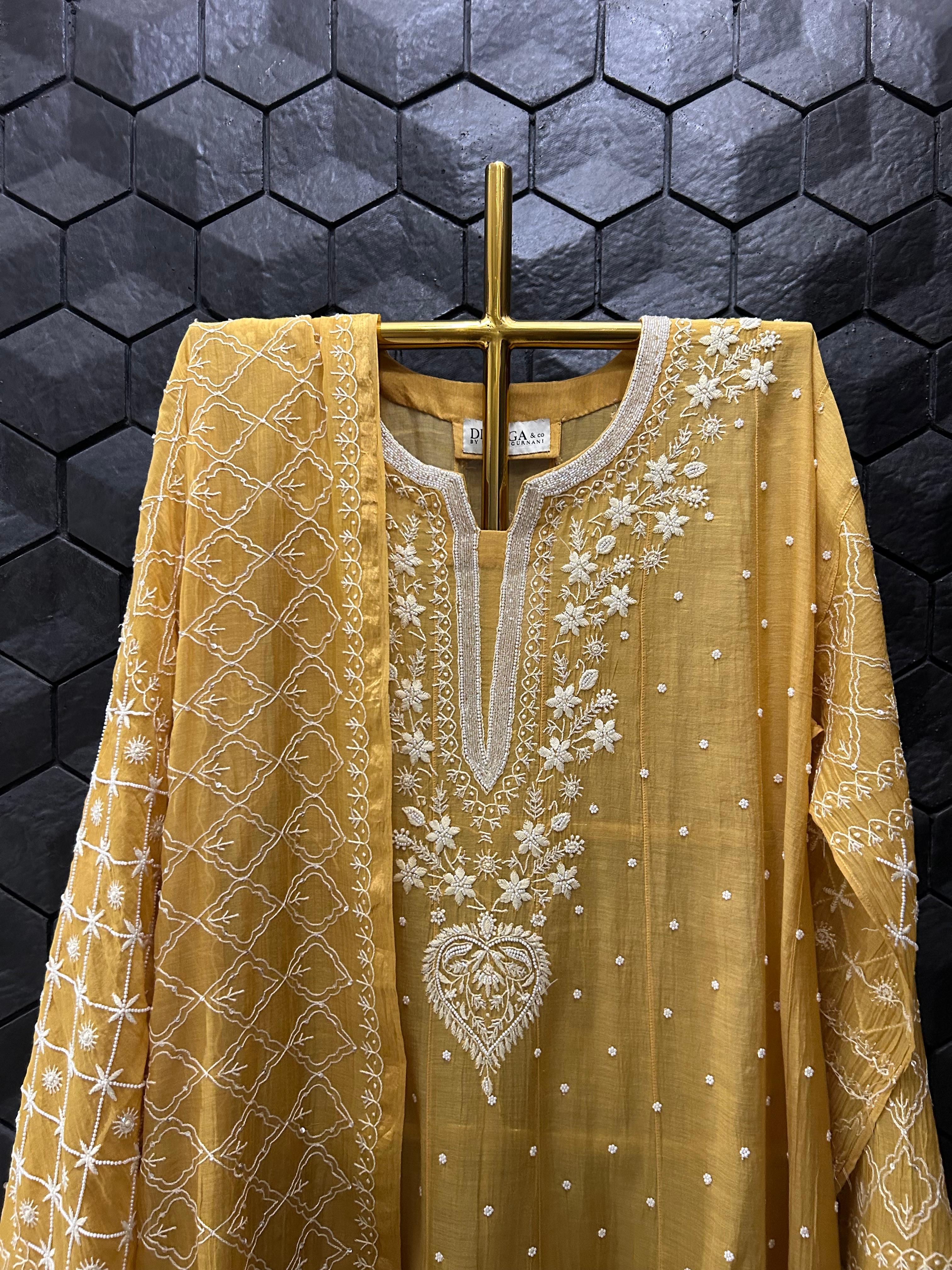 Mustard Mul Chanderi Chikankari Anarkali Set