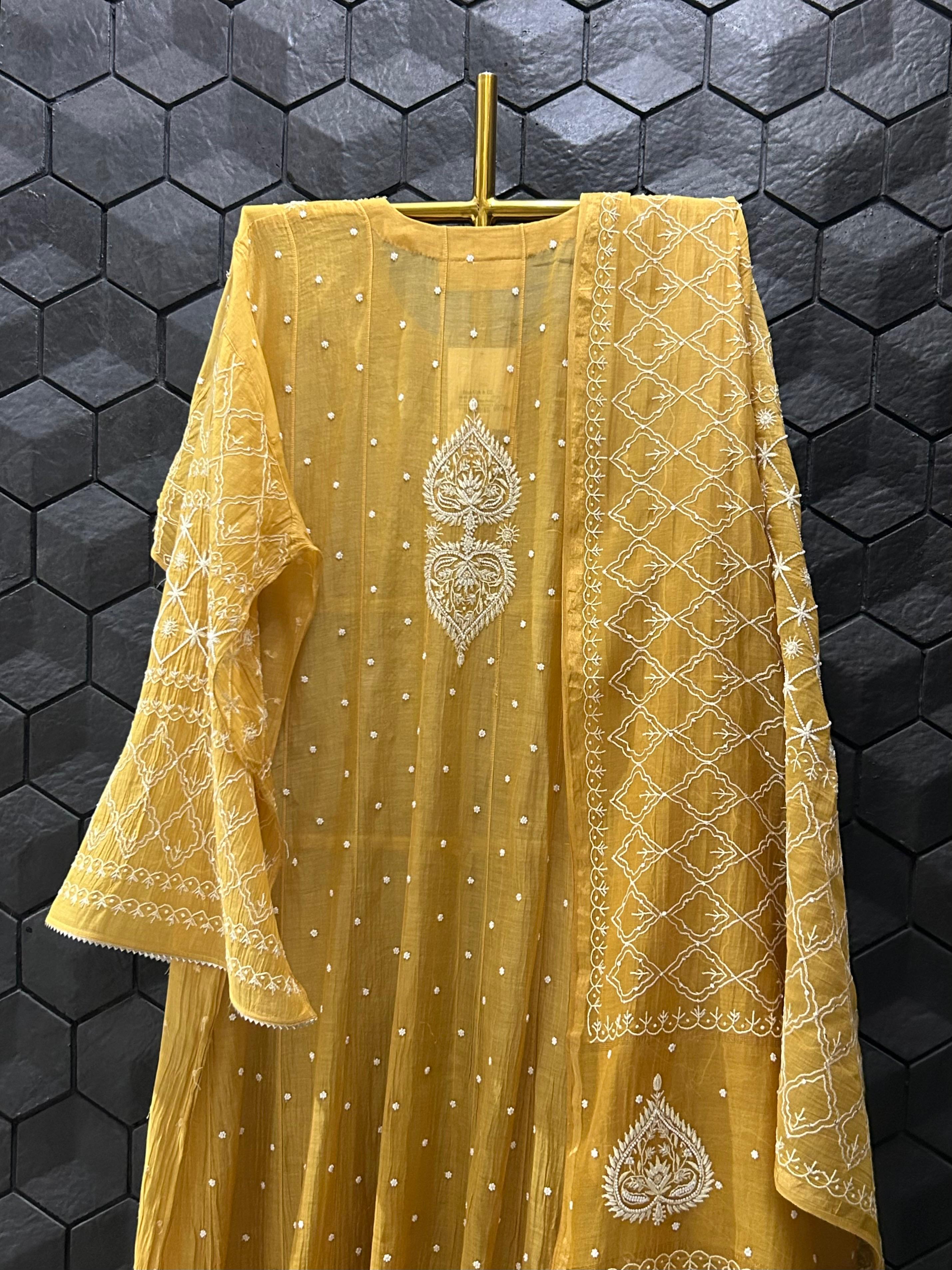 Mustard Mul Chanderi Chikankari Anarkali Set