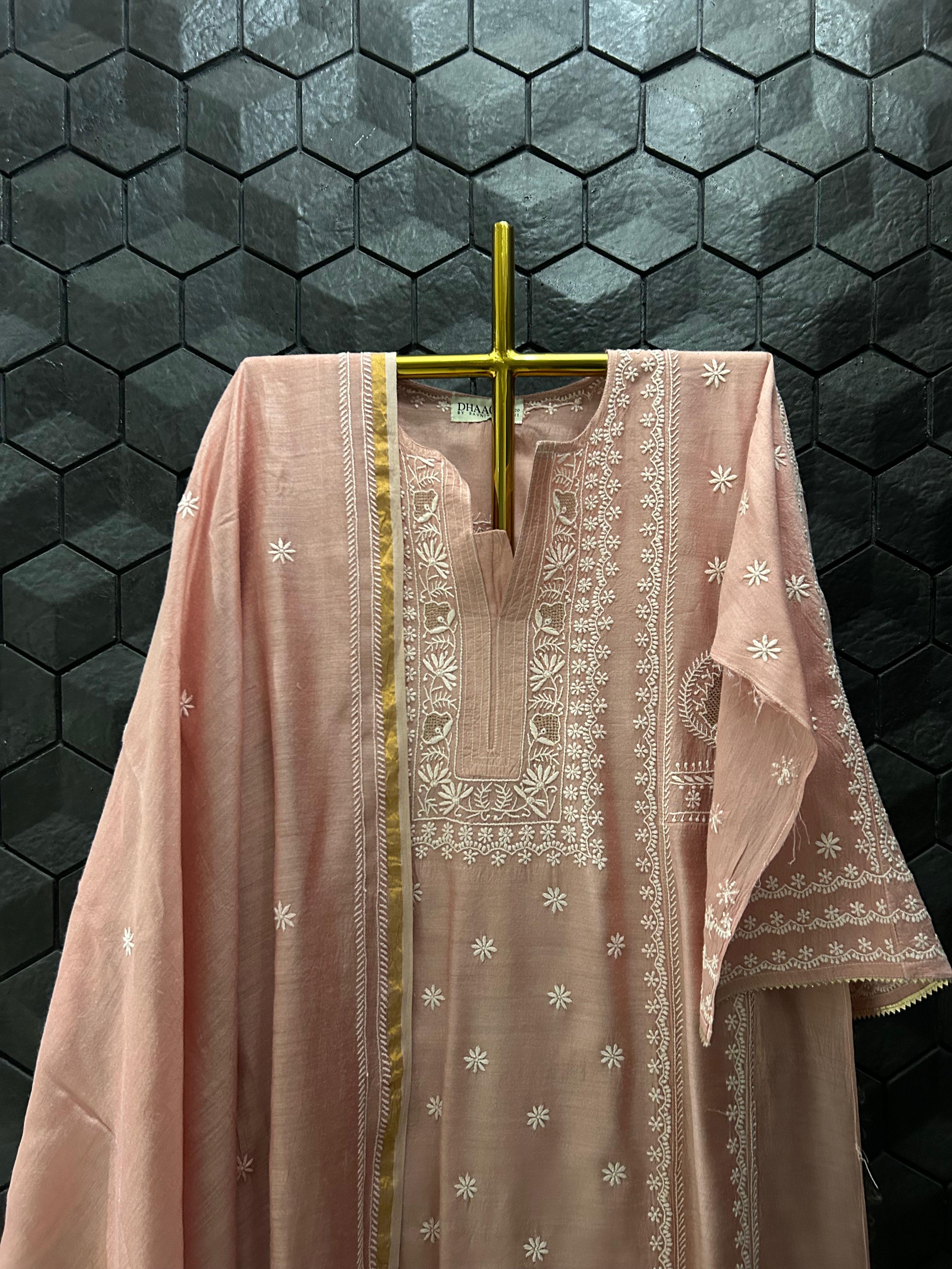 Pink Munga Silk Chikankari Kurta Set