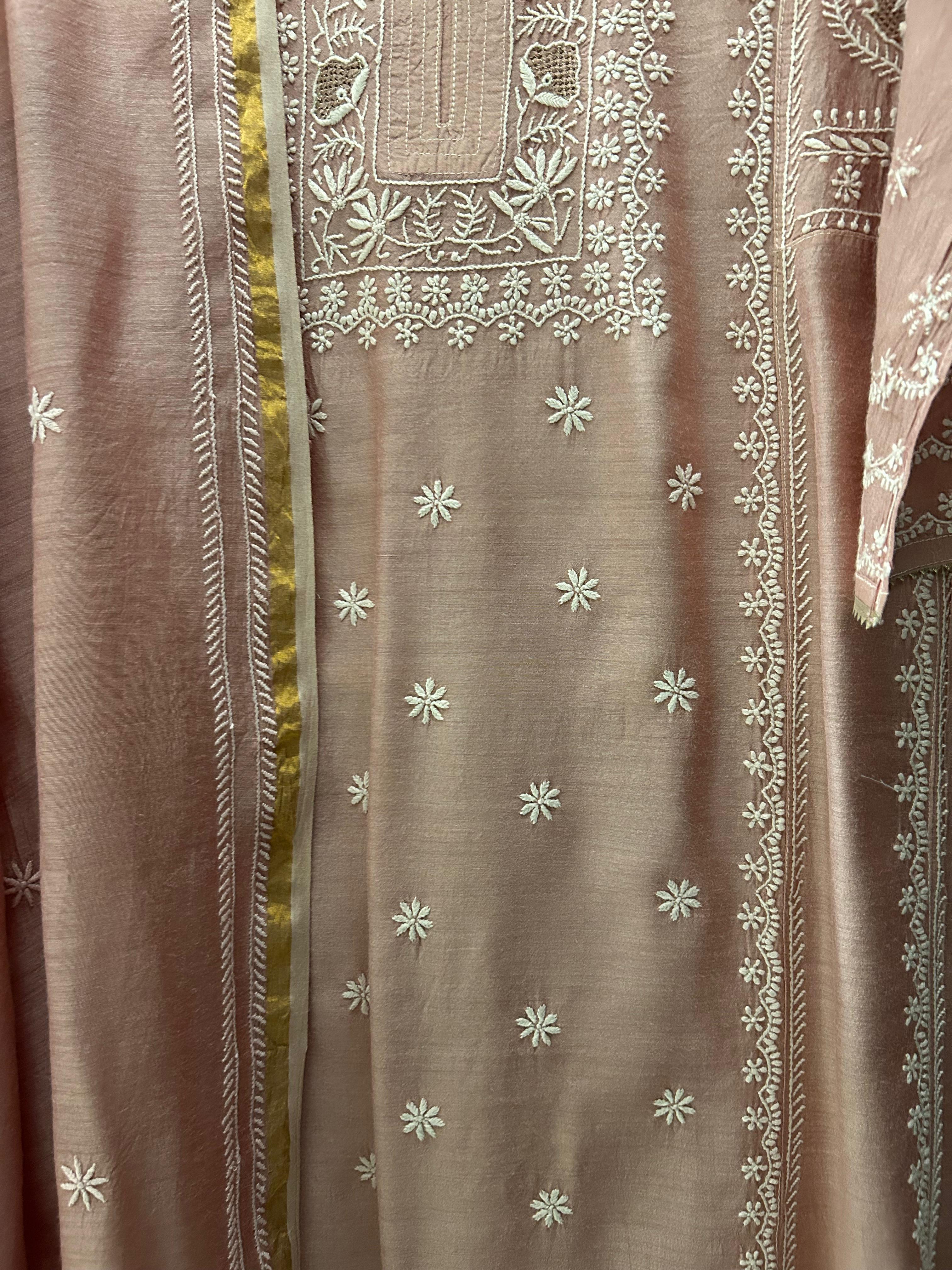 Pink Munga Silk Chikankari Kurta Set
