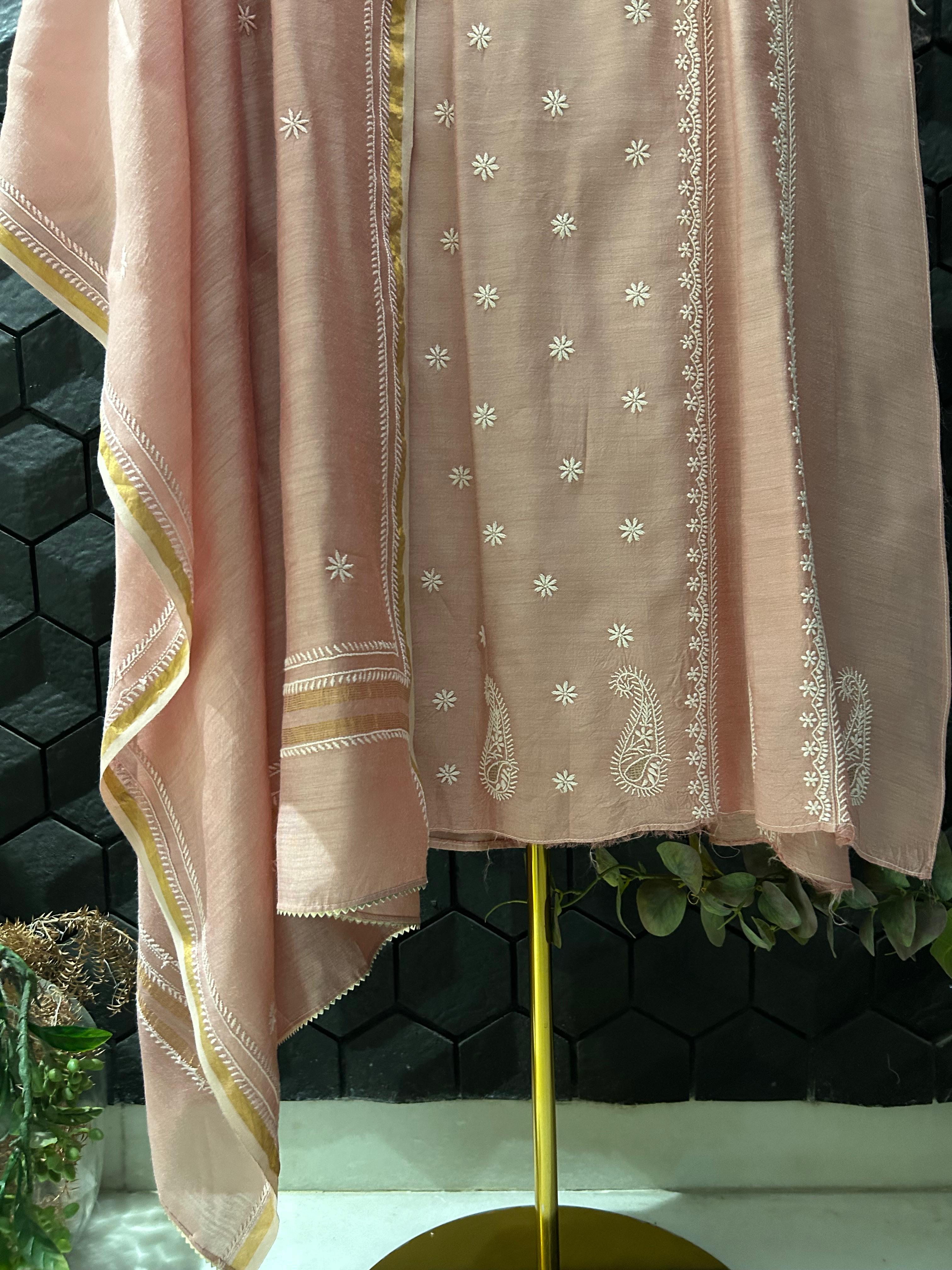 Pink Munga Silk Chikankari Kurta Set