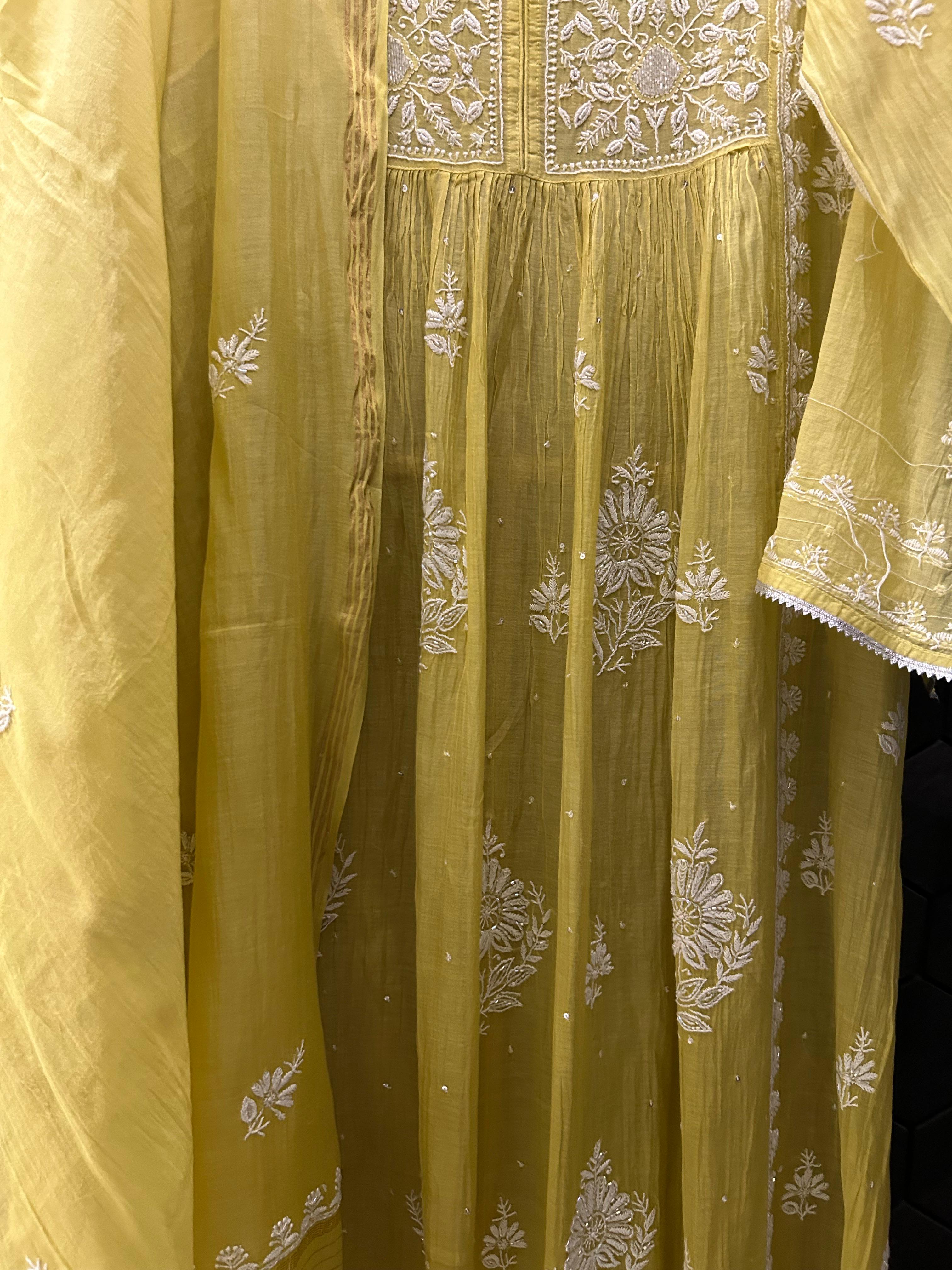 Green Mul Chanderi Chikankari Kurta Set