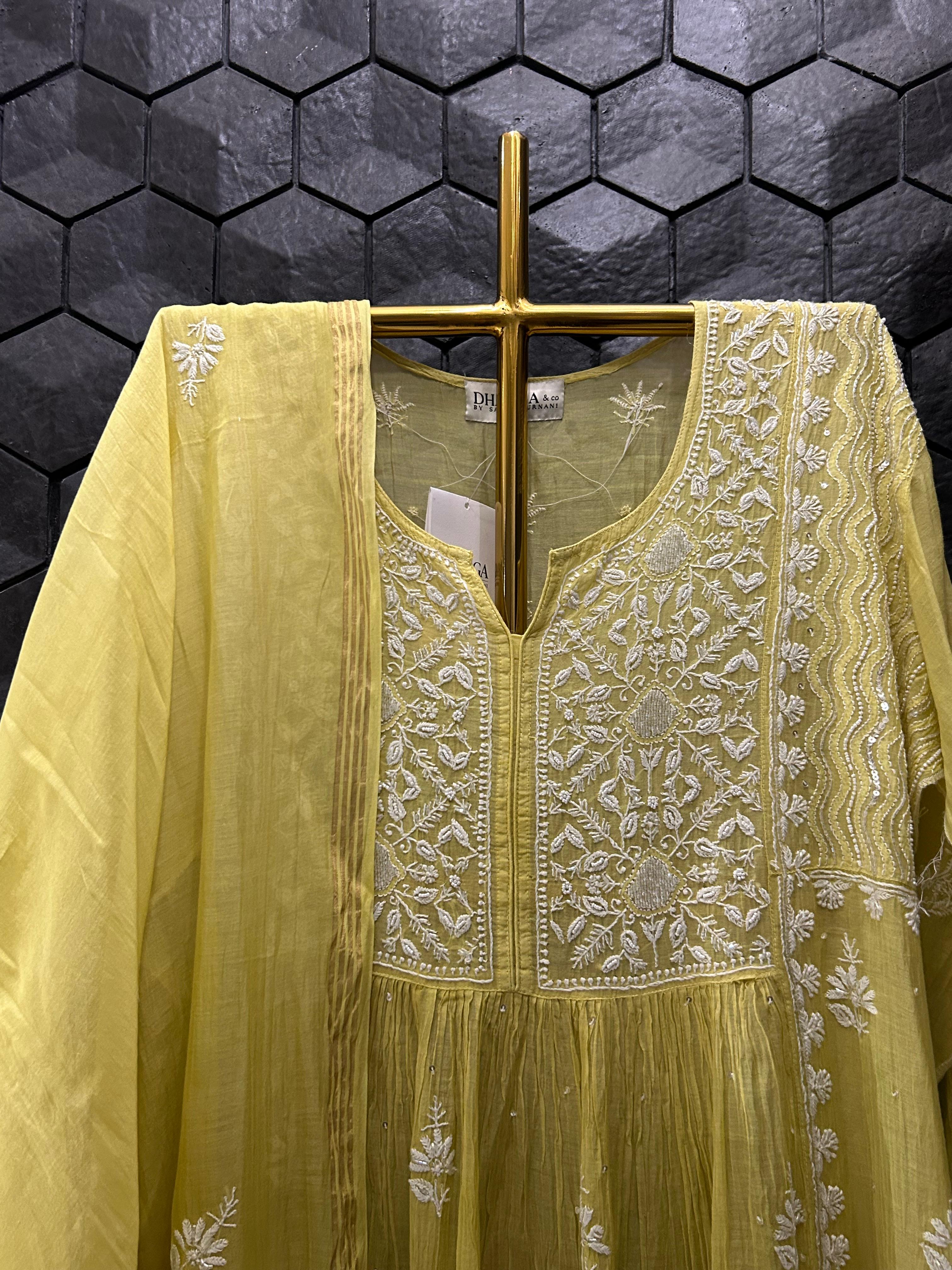 Green Mul Chanderi Chikankari Kurta Set