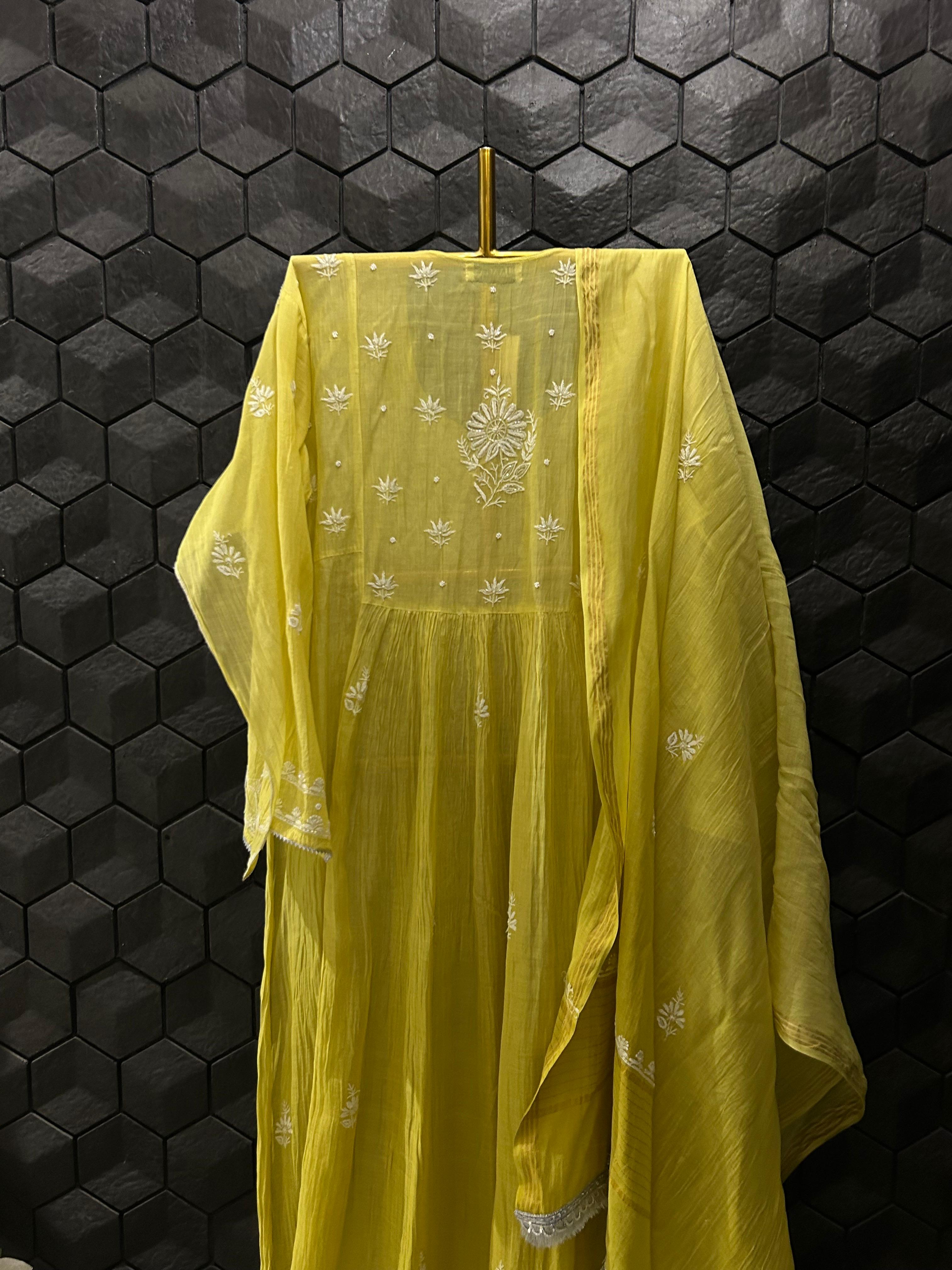 Green Mul Chanderi Chikankari Kurta Set