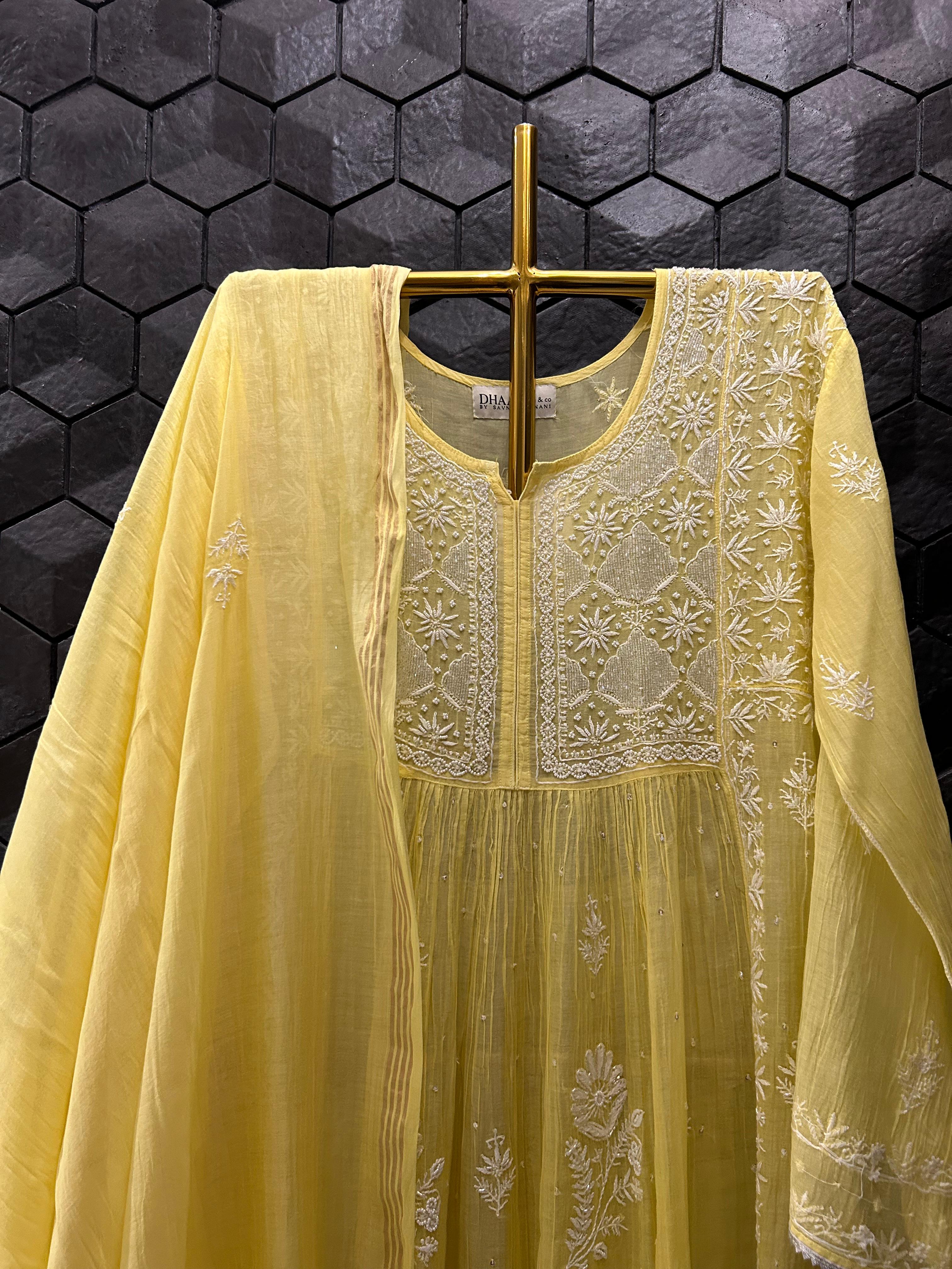 Yellow Mul Chanderi Chikankari Kurta Set