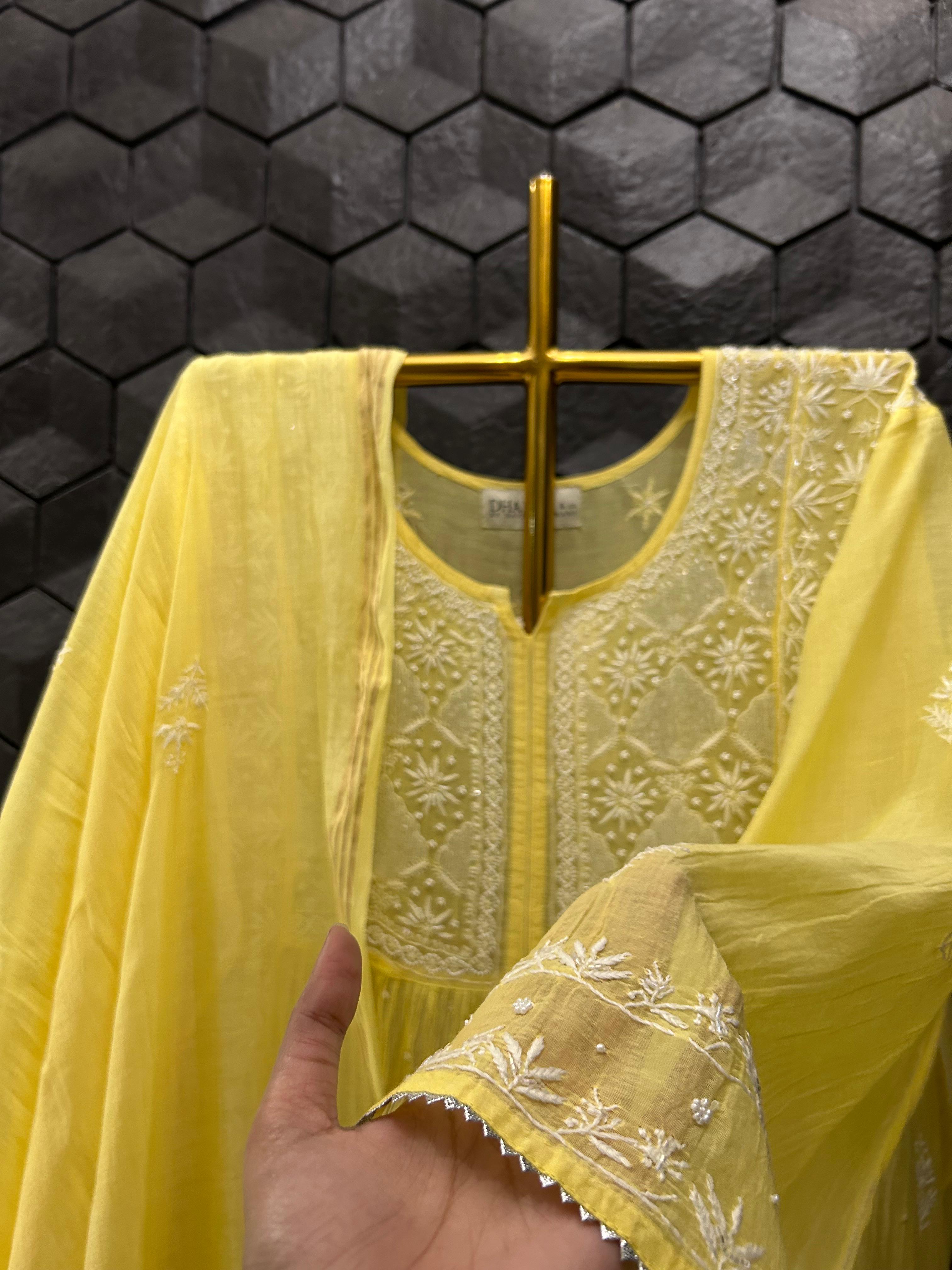 Yellow Mul Chanderi Chikankari Kurta Set