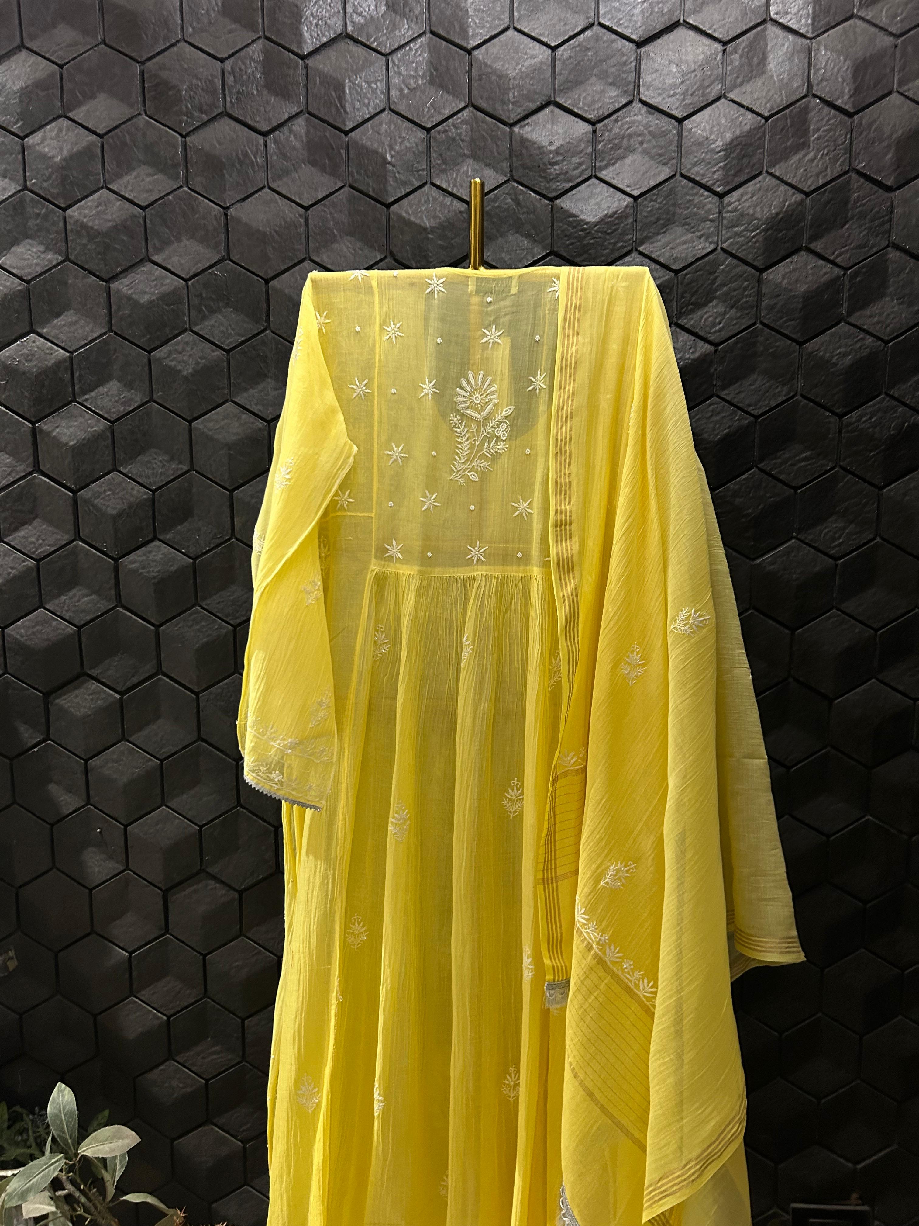 Yellow Mul Chanderi Chikankari Kurta Set