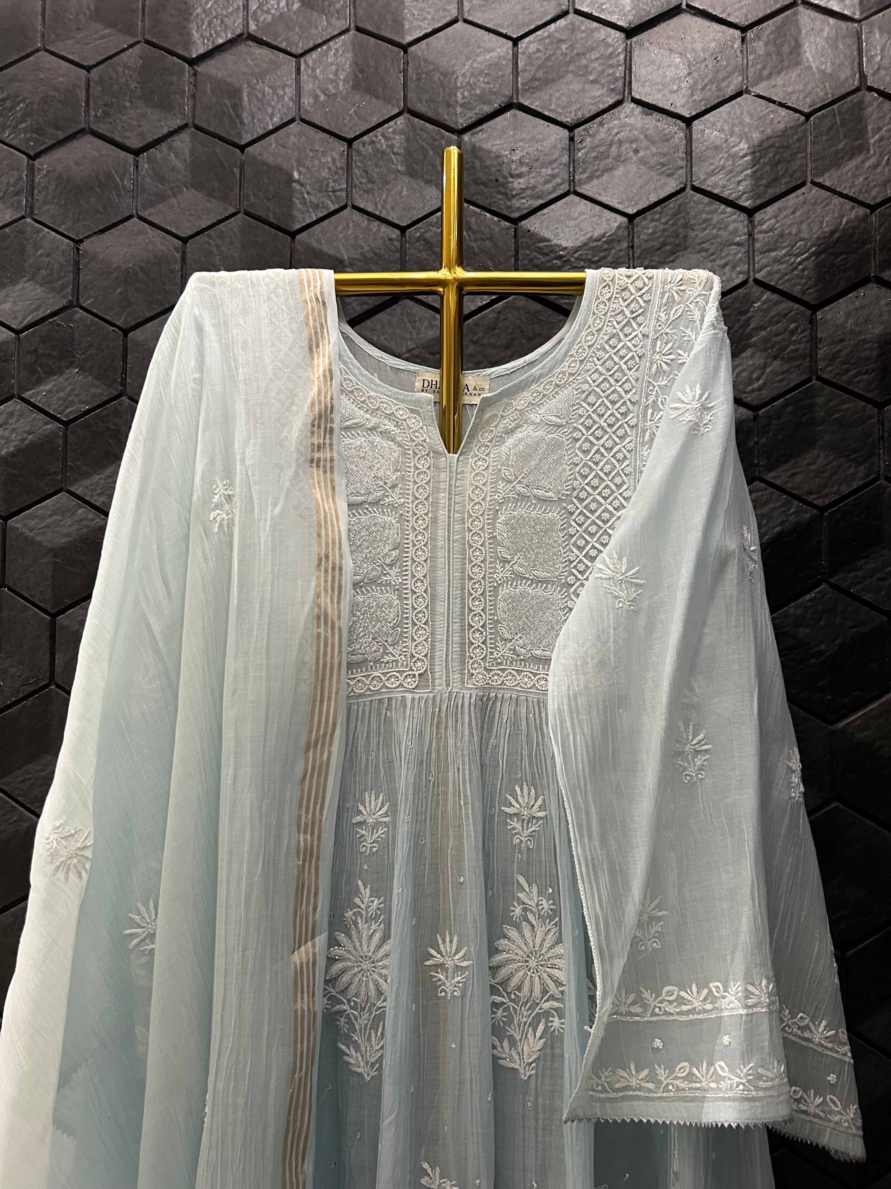 Blue Mul Chanderi Chikankari Kurta Set