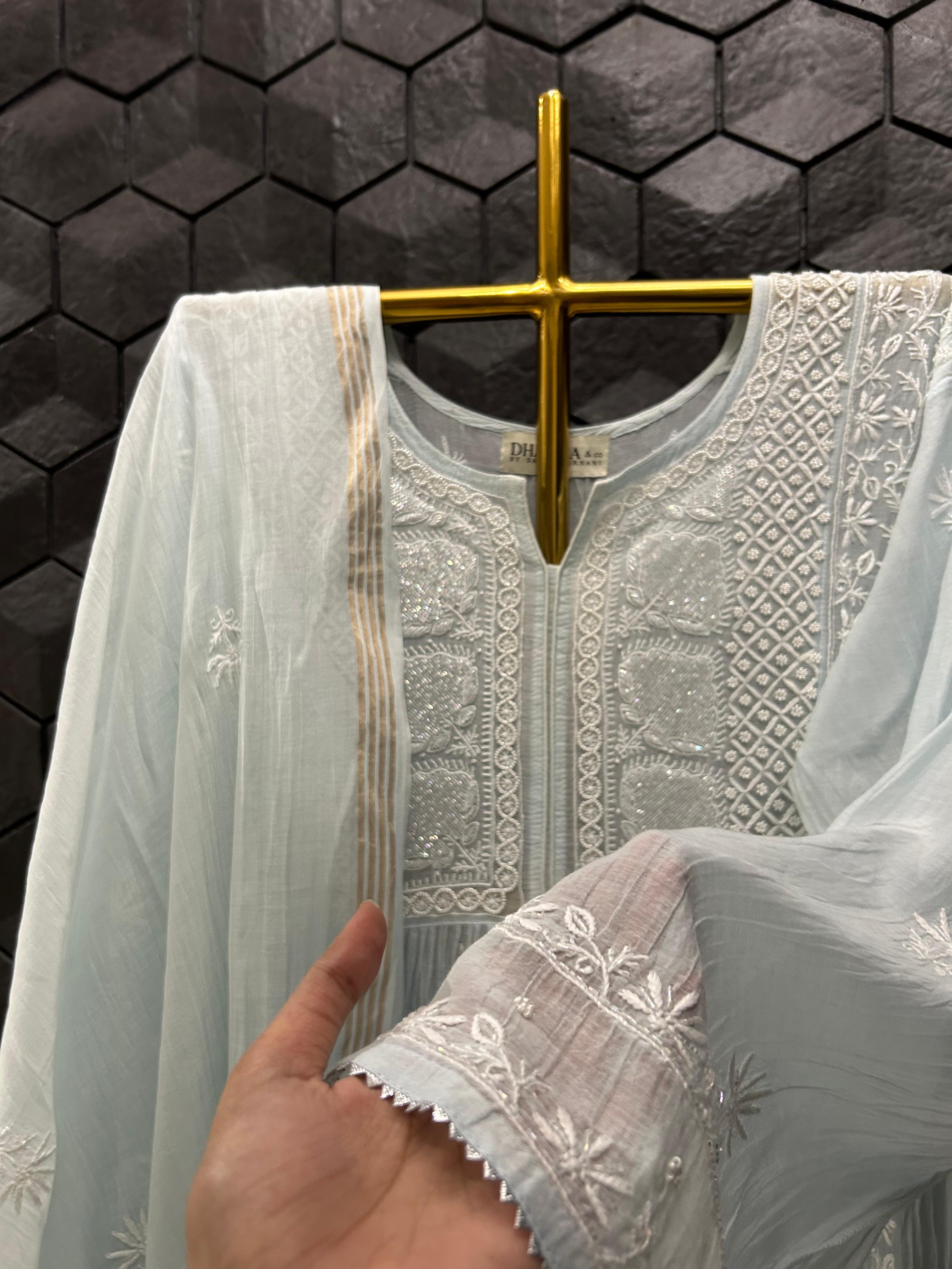 Blue Mul Chanderi Chikankari Kurta Set