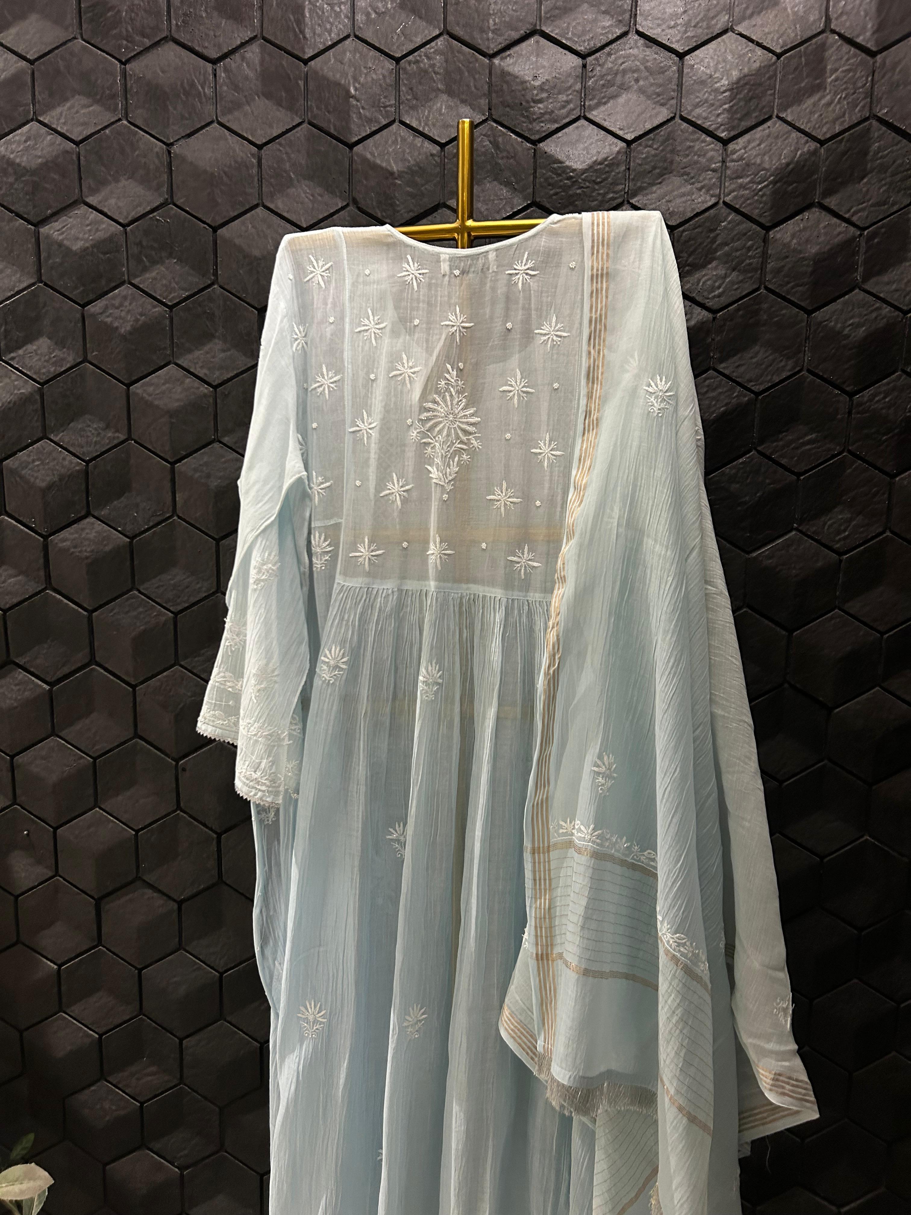 Blue Mul Chanderi Chikankari Kurta Set